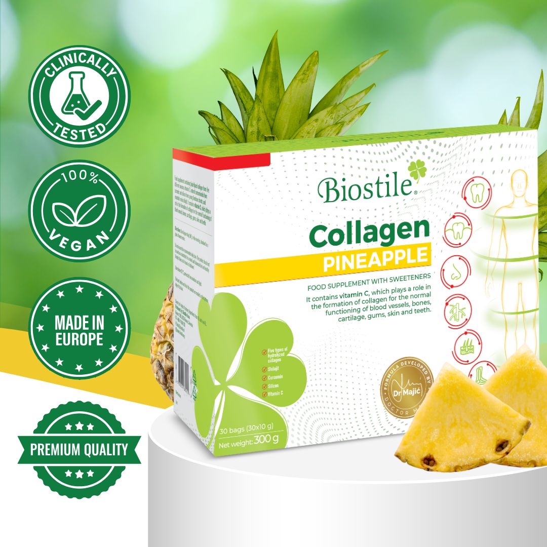 Packung Biostile Collagen Pineapple mit Qualitätszeichen: Vegan, Made in Europe, Premium Qualität, klinisch getestet.
