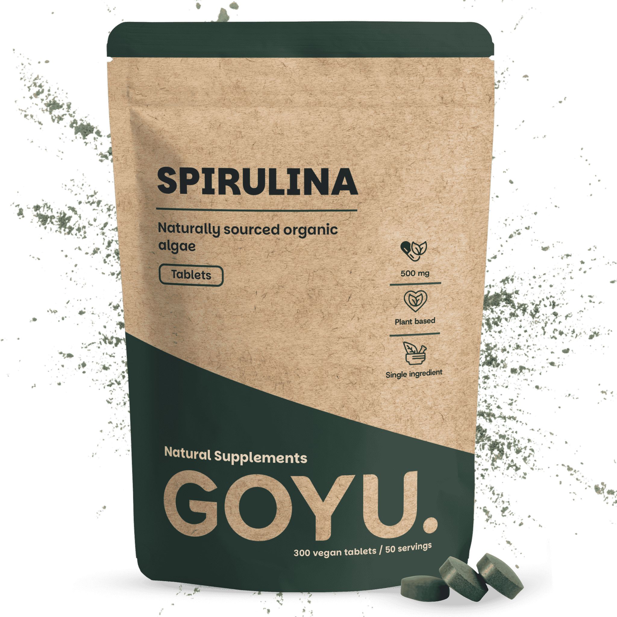 Braune Papiertüte mit Spirulina-Tabletten, 500 mg, Bio, 300 vegane Tabletten.
