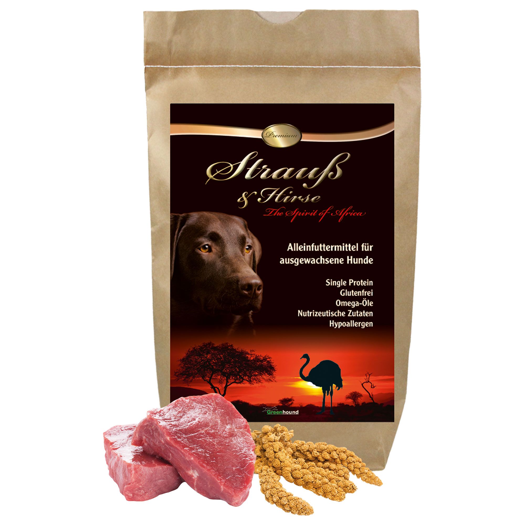 Beutel mit Trockenfutter. Aufdruck: Strauß & Hirse, Hund, Landschaft. Einzelne Zutaten: Hirse und Fleisch.