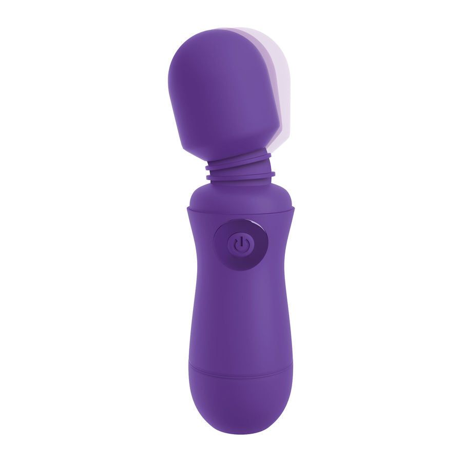 Lila Massagegerät mit abgerundetem Kopf. Flexibler Hals. Bedienknopf. Wiederaufladbar.