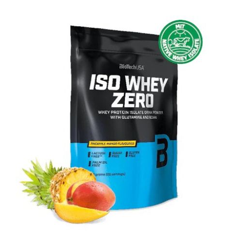 Schwarze Tüte BiotechUSA ISO WHEY ZERO. Blaue Basis. Pineapple-Mango Flavoured. Text: Laktosefrei, Zuckerfrei, Glutenfrei. Ananas und Mango.