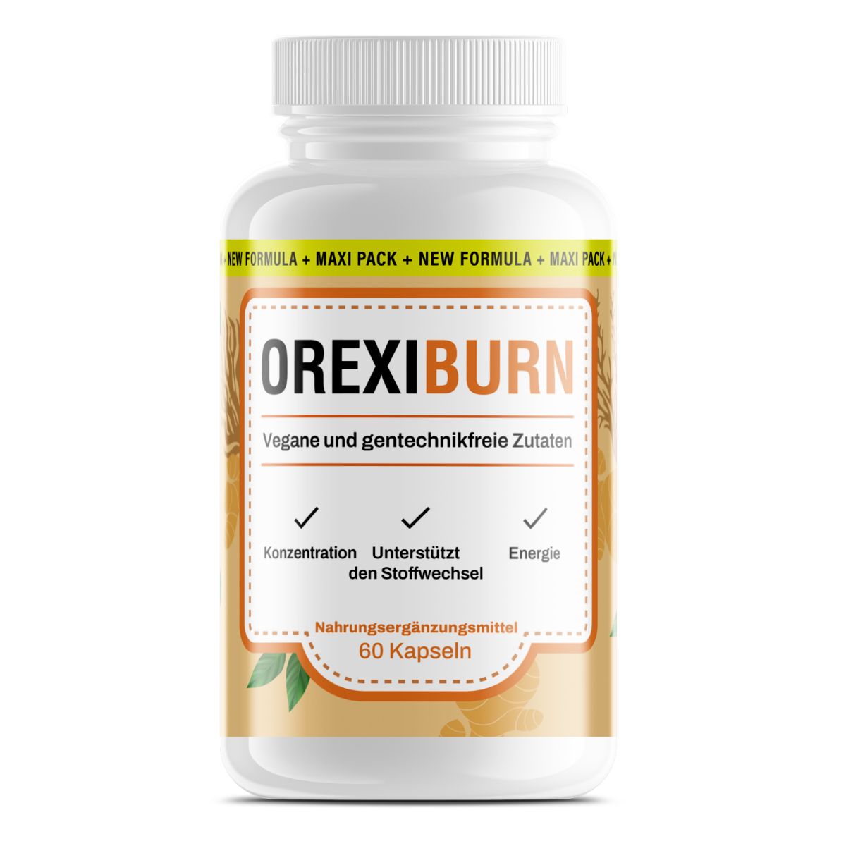 Eine Flasche Orexiburn Nahrungsergänzungsmittel, 60 Kapseln, vegane und gentechnikfreie Zutaten.