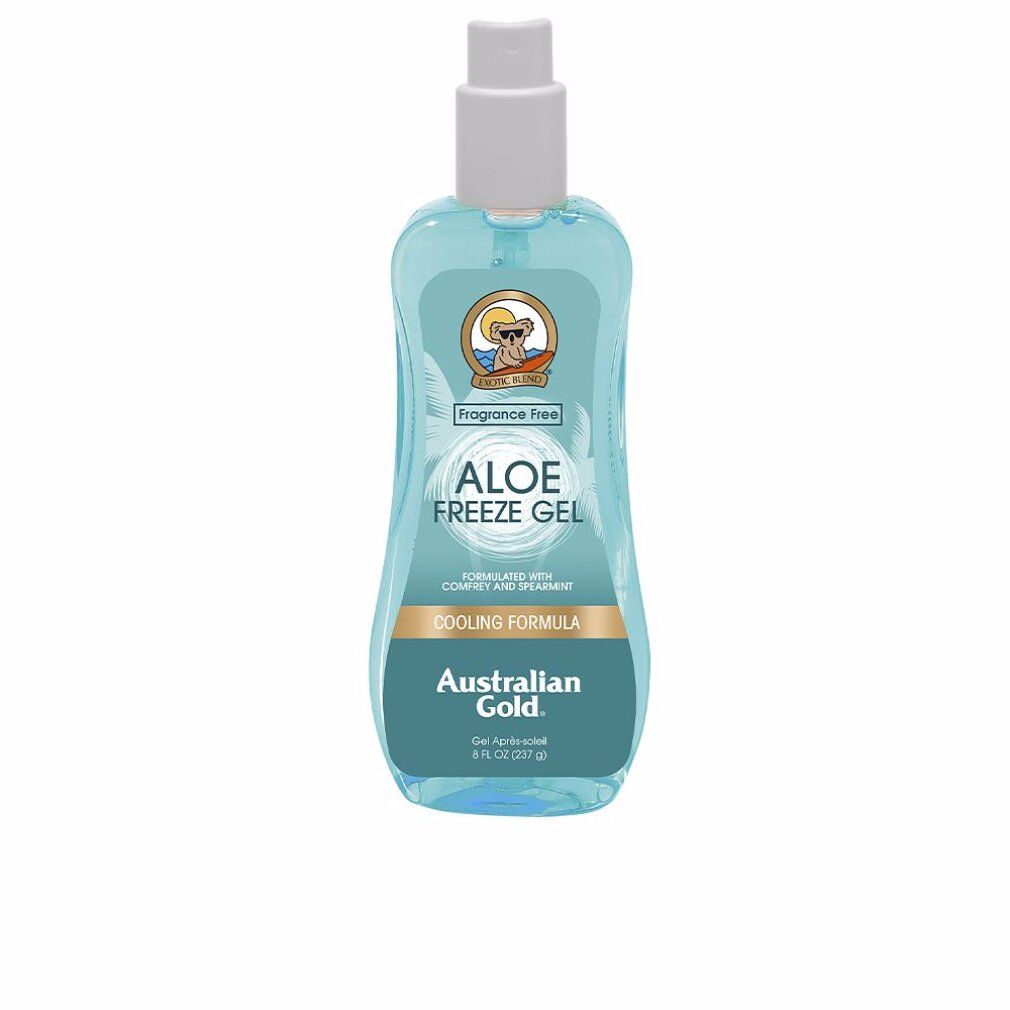 Blau transparente Flasche mit Sprühkopf. Aufschrift: Aloe Freeze Gel, Cooling Formula, Australian Gold. 237 g.