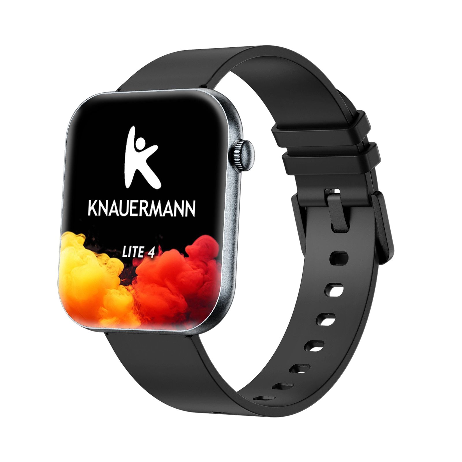 Schwarze Smartwatch mit KNAUERMANN Lite 4-Display. Schwarzes Armband. Farbiger Hintergrund.