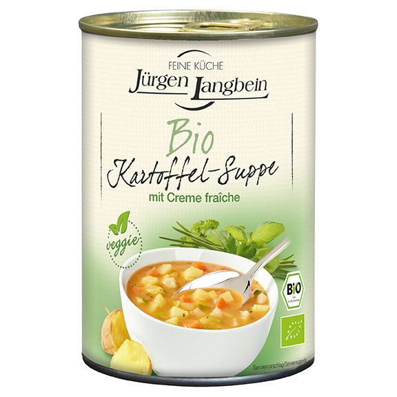 Konservendose Jürgen Langbein BIO Kartoffel-Suppe. Aufschrift: Bio Kartoffel-Suppe mit Creme fraîche, veggie. Bio-Siegel.