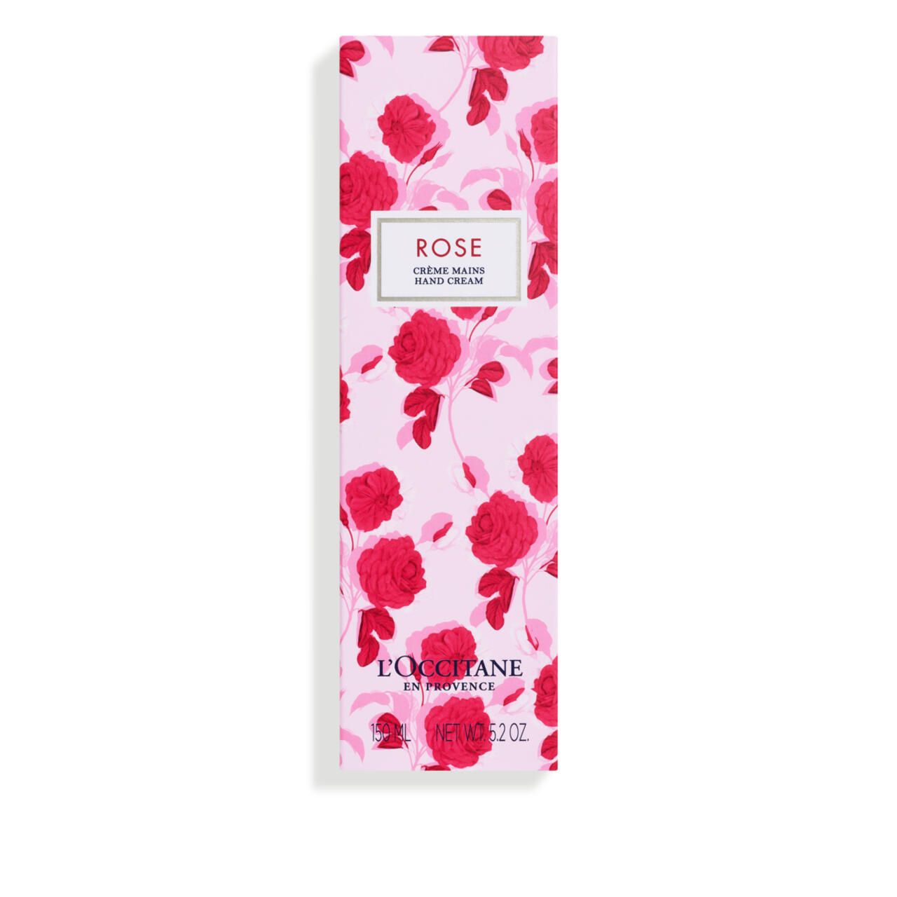 Verpackung der Handcreme mit Rosenmuster. "Rose" und "L'Occitane en Provence" Schriftzug.