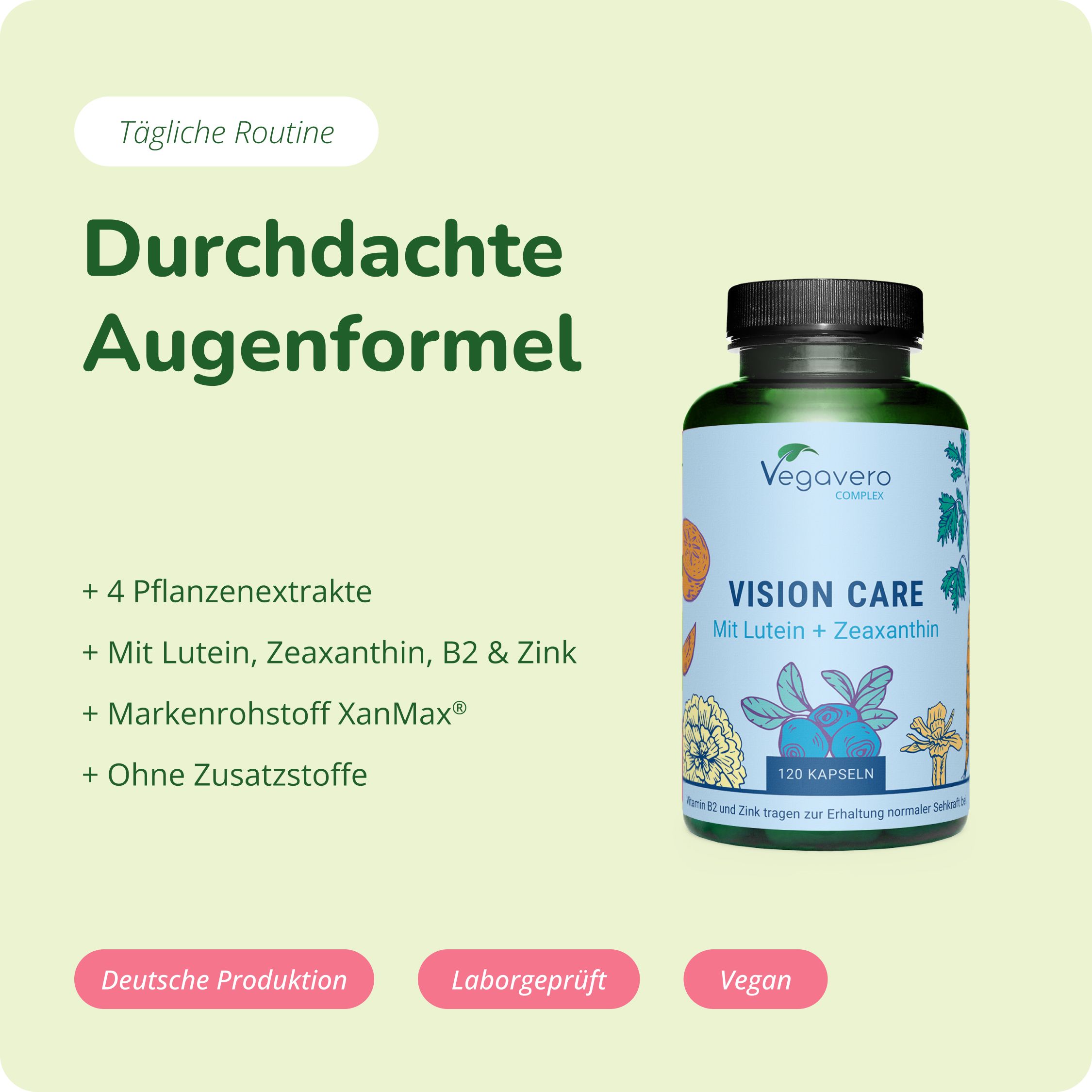 Vegavéro Vision Care Kapseln mit Lutein und Zeaxanthin. Grüne Flasche mit Etikett, das Pflanzen und Augen zeigt. 120 Kapseln.