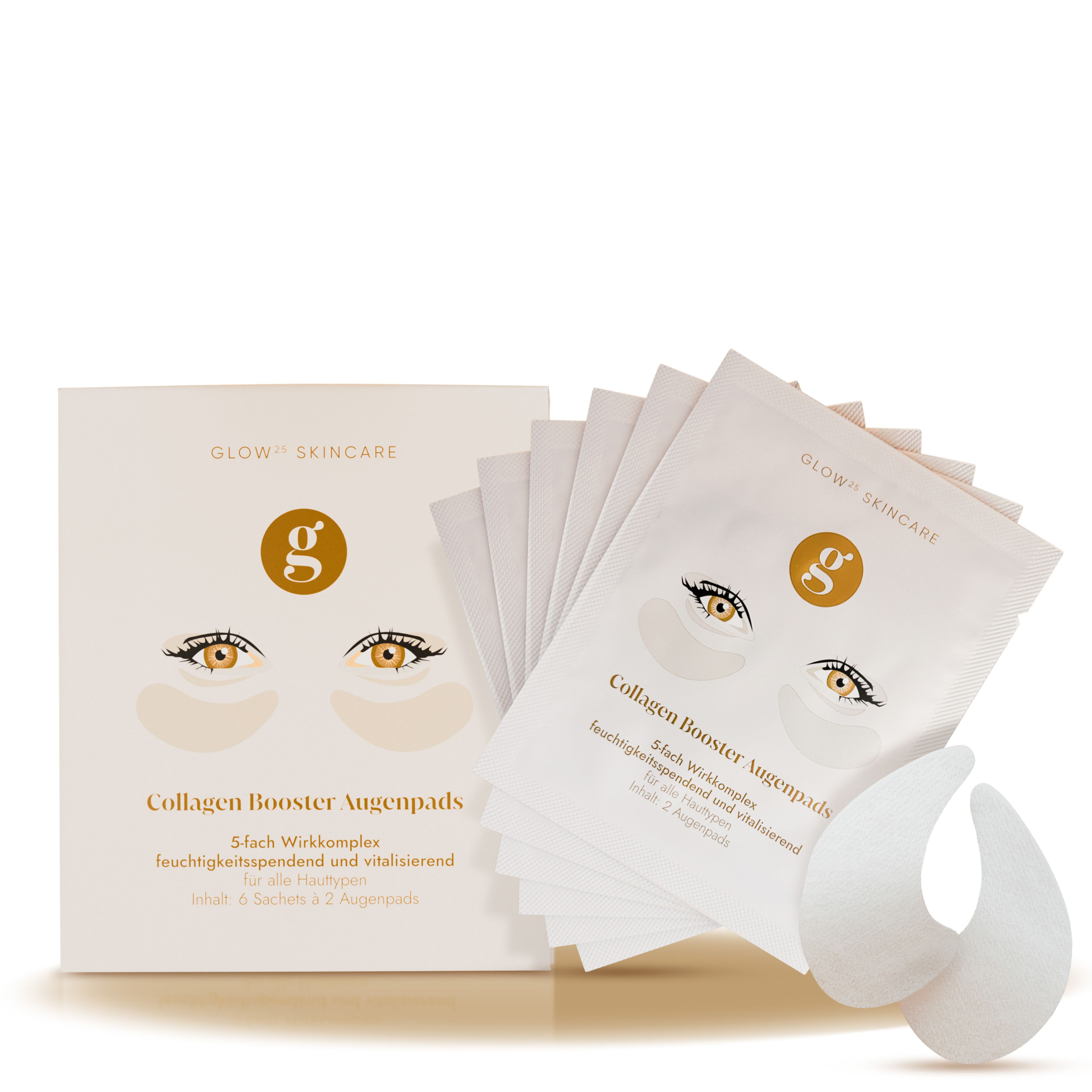 Verpackung mit Augenpads. Enthält 6 Säckchen und 2 Augenpads. Aufschrift: Glow Skincare, Collagen Booster Augenpads.