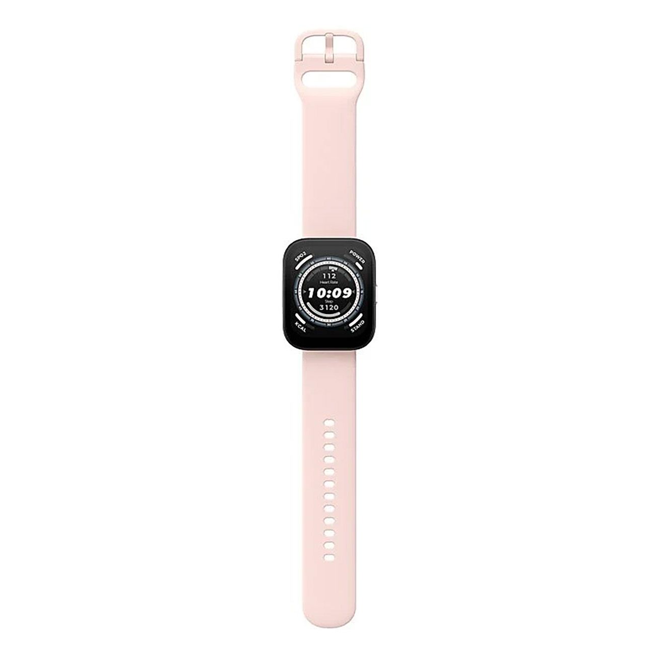 Amazfit Bip 5-rosa Smartwatch. Rosa Armband, schwarzes Display. Zeigt Uhrzeit, Schritte und Herzfrequenz.