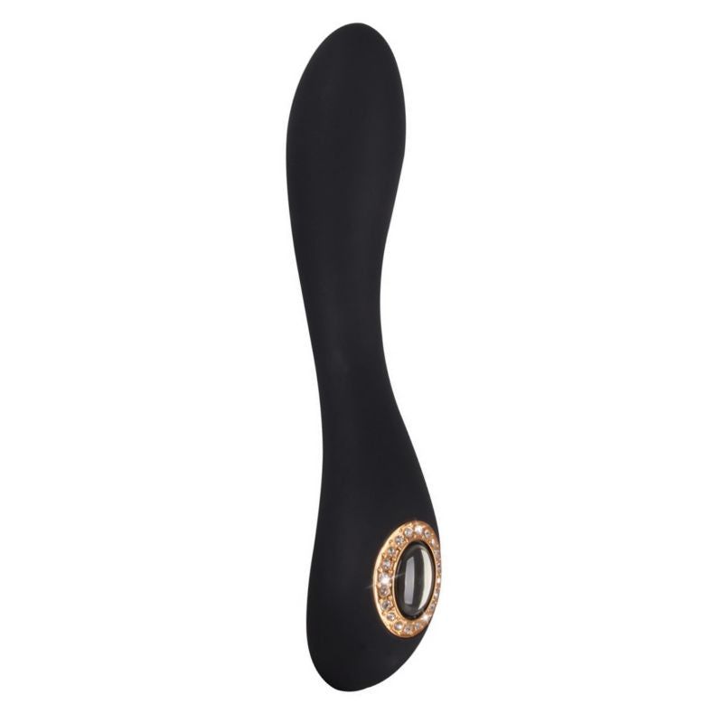 Schwarzer Vibrator mit ovalem, goldfarbenem Detail mit Schmucksteinen. Ergonomische Form.