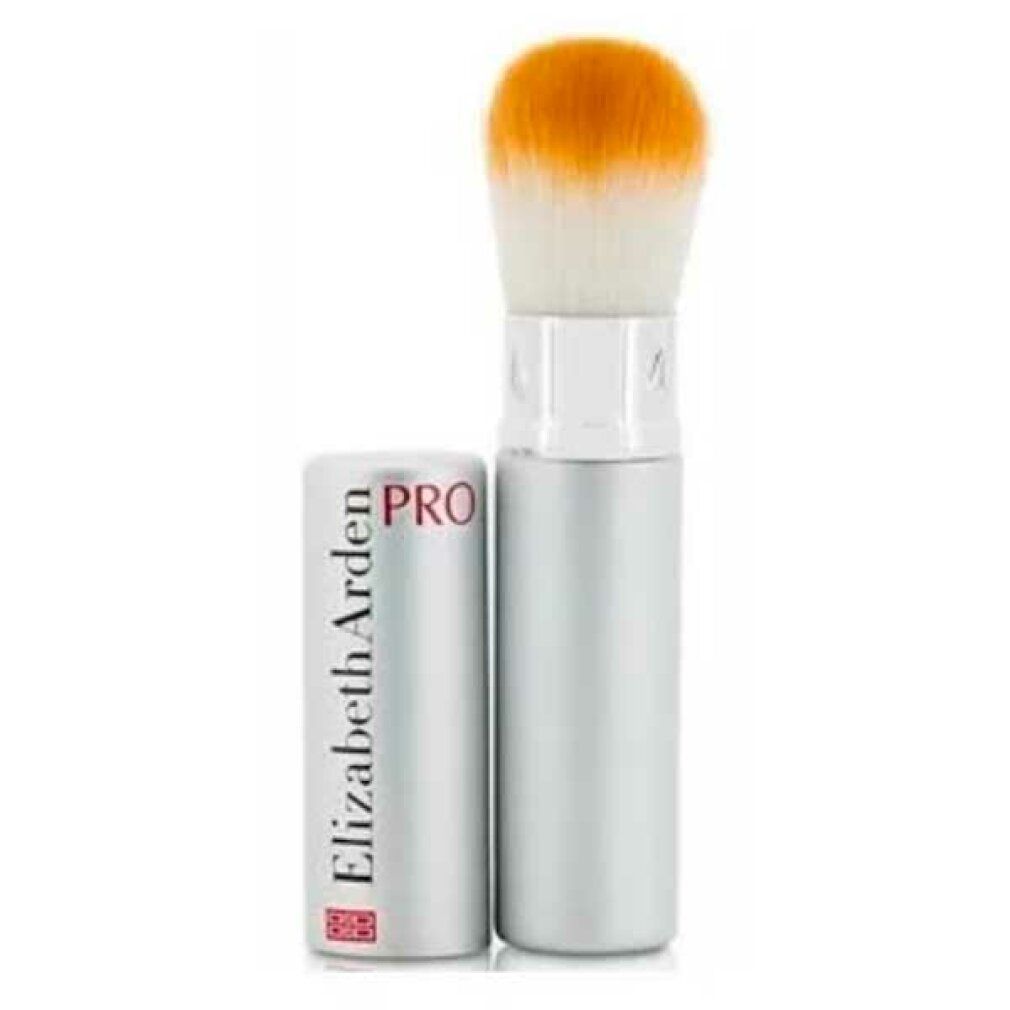 Kabuki-Pinsel mit silberfarbenem Griff und orangefarbenen Borsten. Mit separater Kappe. Marke: Elizabeth Arden Pro.