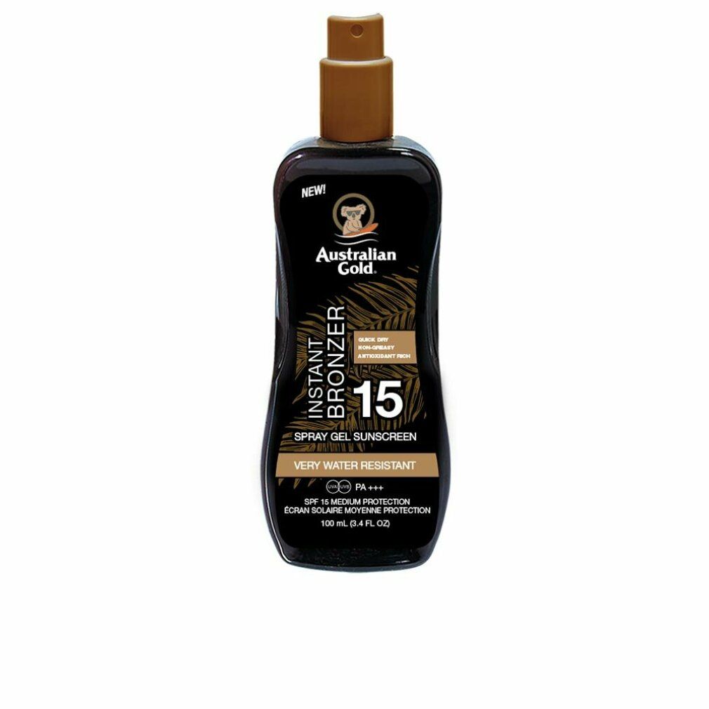 Schwarze Sprühflasche mit braunem Deckel. Aufschrift: Australian Gold, Instant Bronzer, 15, Spray Gel Sunscreen. Sehr wasserfest.