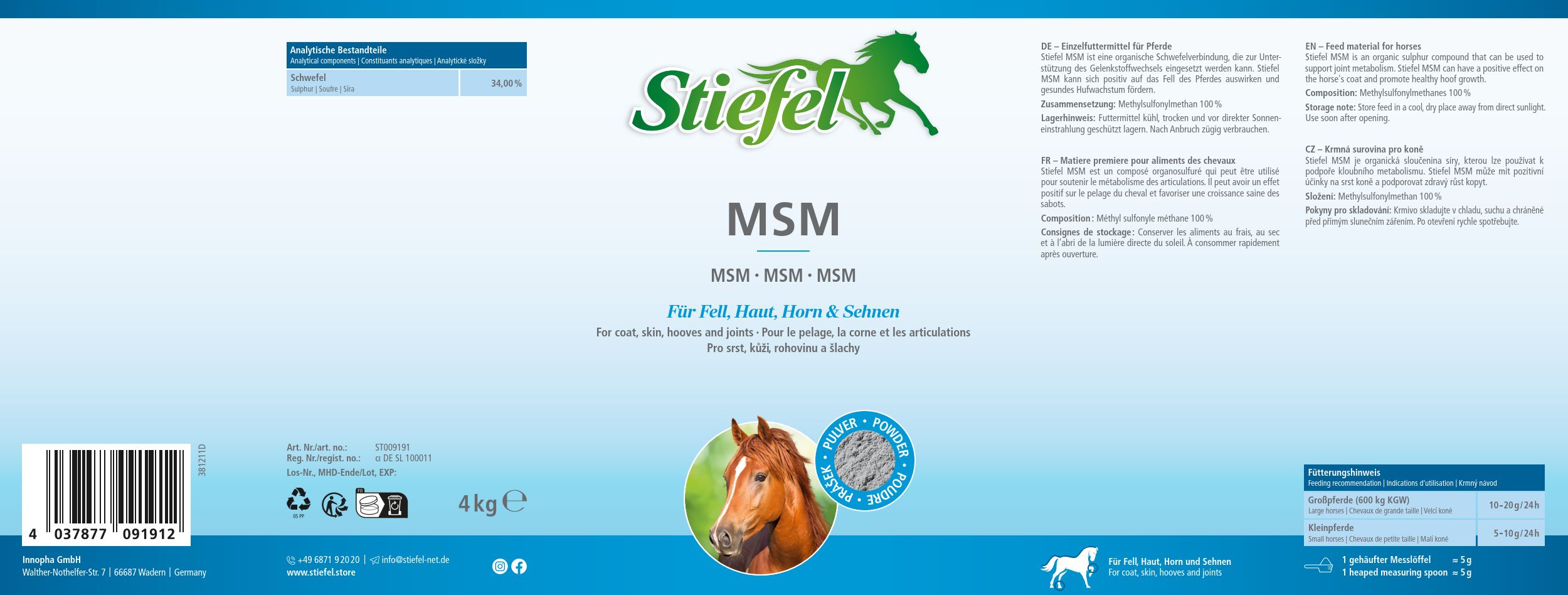 Blaues Etikett mit weißer Schrift. Logo "Stiefel" und "MSM". Abbildung eines Pferdekopfes. Text: Für Fell, Haut, Horn & Sehnen.