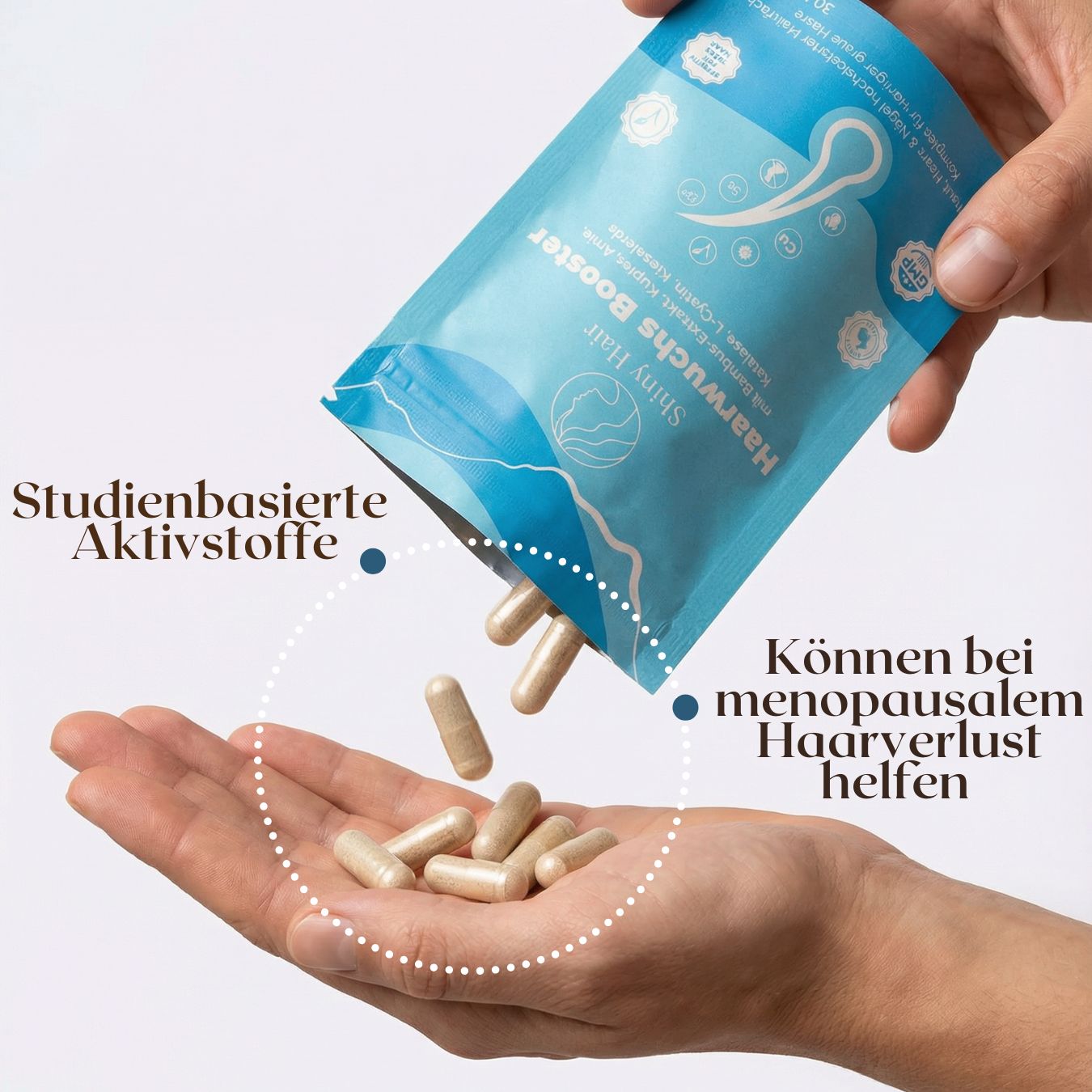 Hand öffnet eine Packung Shiny Hair Haarwuchs Booster, Kapseln fallen heraus. "Studienbasierte Wirkstoffe".