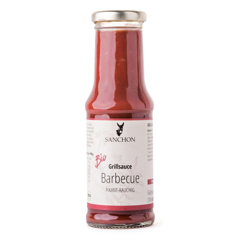 Glasflasche mit Barbecue-Grillsauce. Etikett mit Logo, Produktname und "Bio"-Zertifizierung. Metallverschluss.
