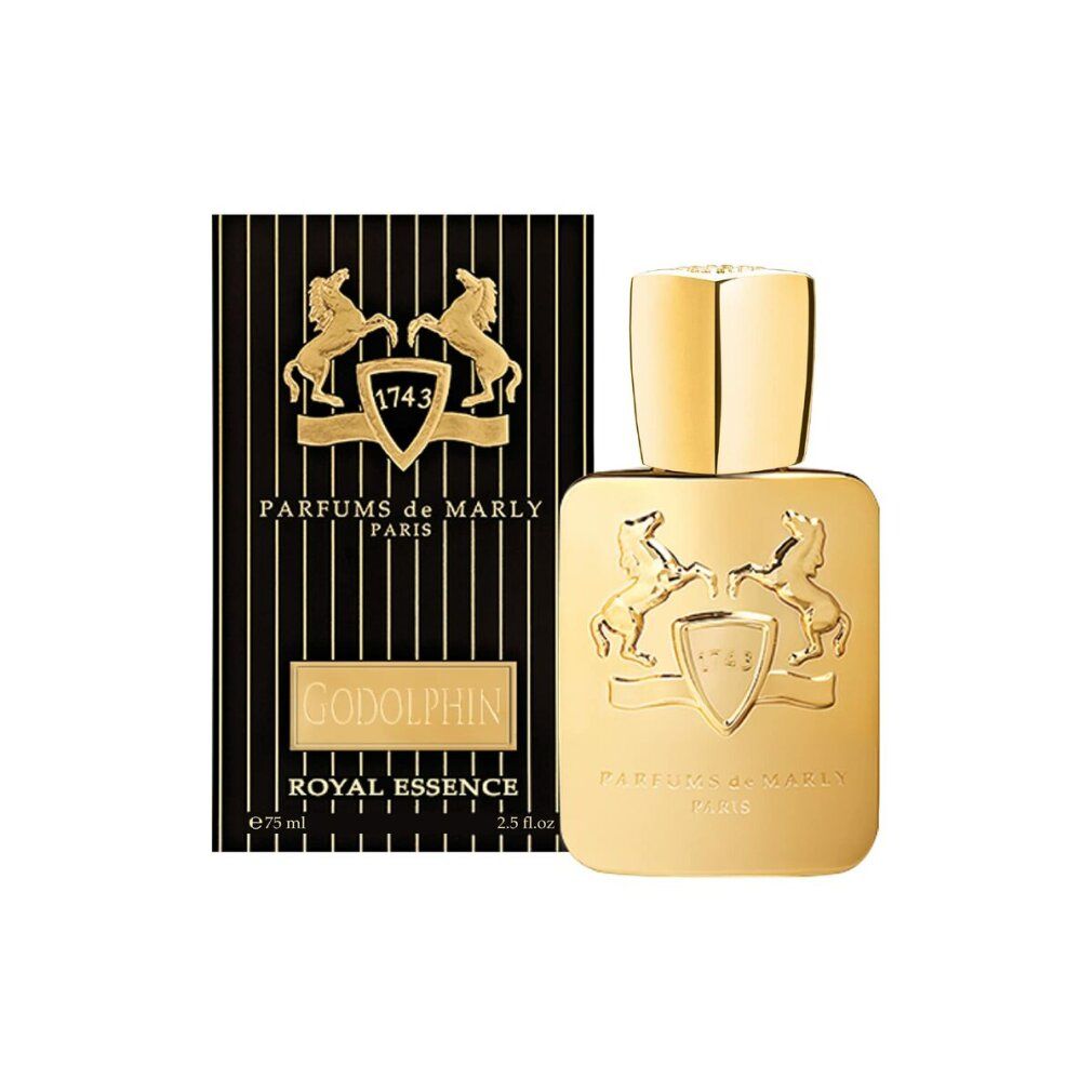 Goldfarbener Flakon und schwarze Verpackung. Godolphin Eau de Parfum. Marke Parfums de Marly.