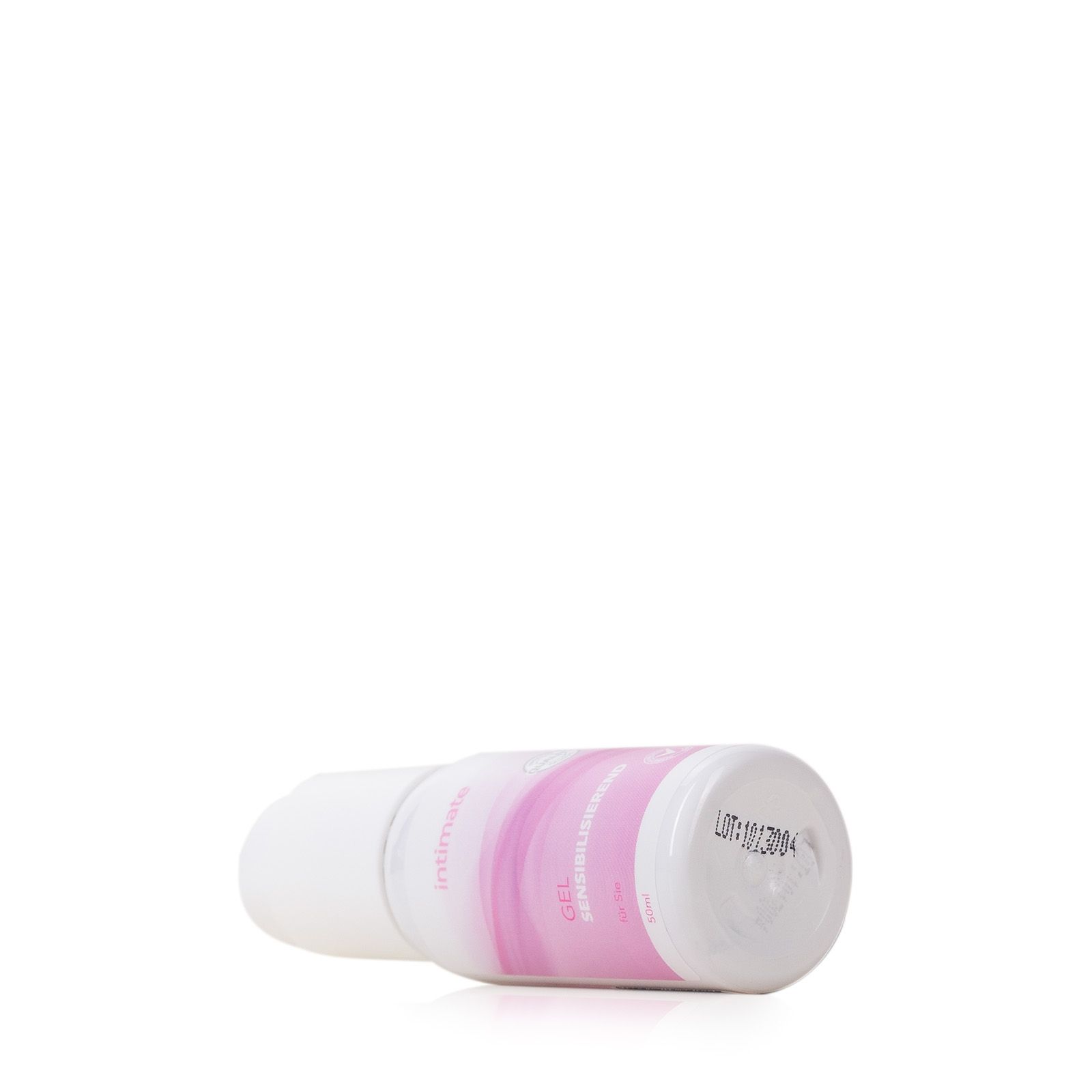 Produktflasche mit Pumpkopf. Aufschrift: Intimate, Gel sensibilisierendes. Rosa Design. Liegend.