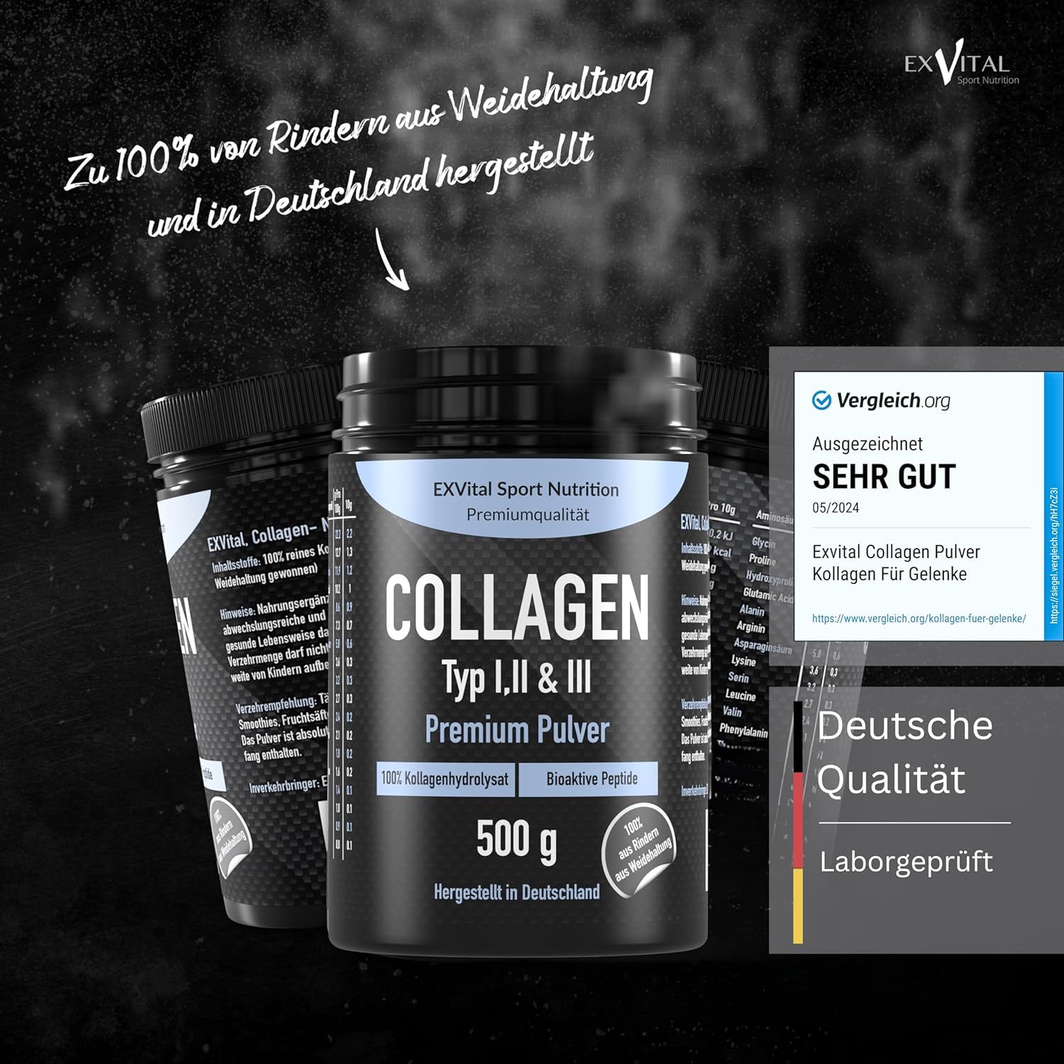 EXVital Collagen Pulver 500g, "Sehr Gut" ausgezeichnet, "Deutsche Qualität".