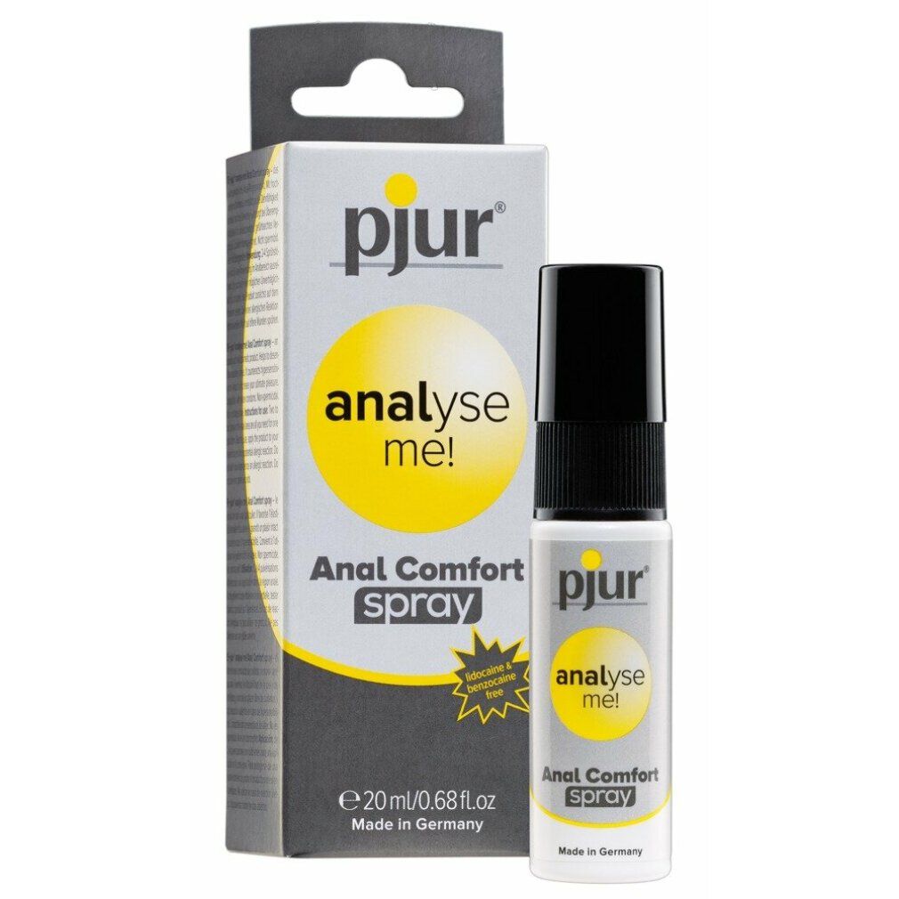 Produkt mit Verpackung. Sprayflasche und Schachtel. Aufschrift: pjur, analyse me!, Anal Comfort Spray. Gelber Kreis.