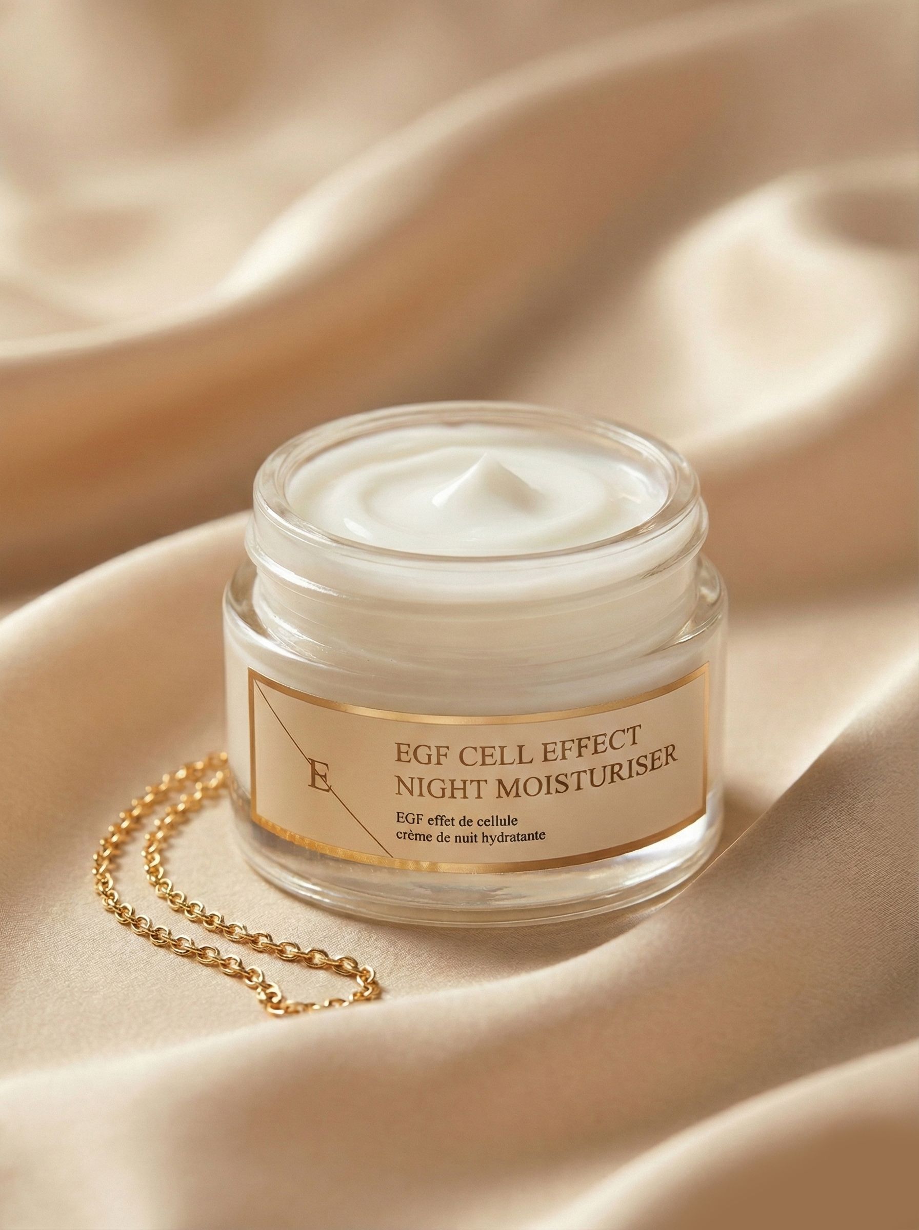 EGF Cell Effect Nachtfeuchtigkeitscreme auf seidigem Stoff, mit goldenem Collier.