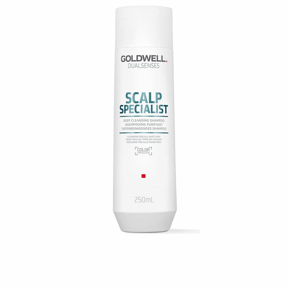 Weiße Flasche mit Goldwell-Logo und Text: SCALP SPECIALIST DEEP CLEANSING SHAMPOO. 250ml.