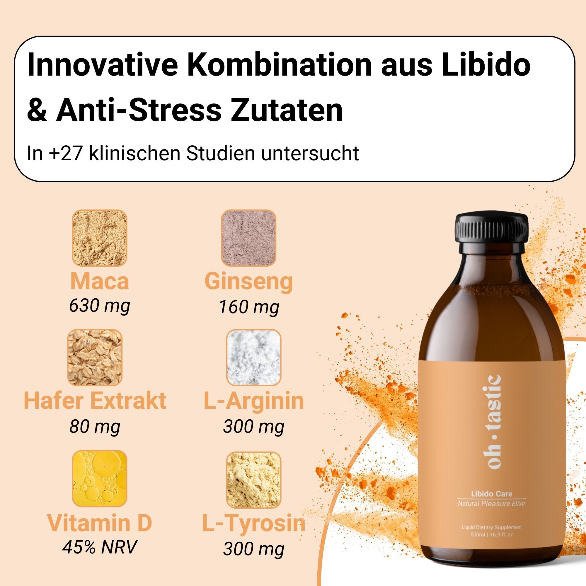 Braune Flasche von oh-tastic mit Inhaltsstoffen wie Maca, Ginseng, Hafer Extrakt, L-Arginin, Vitamin D und L-Tyrosin.