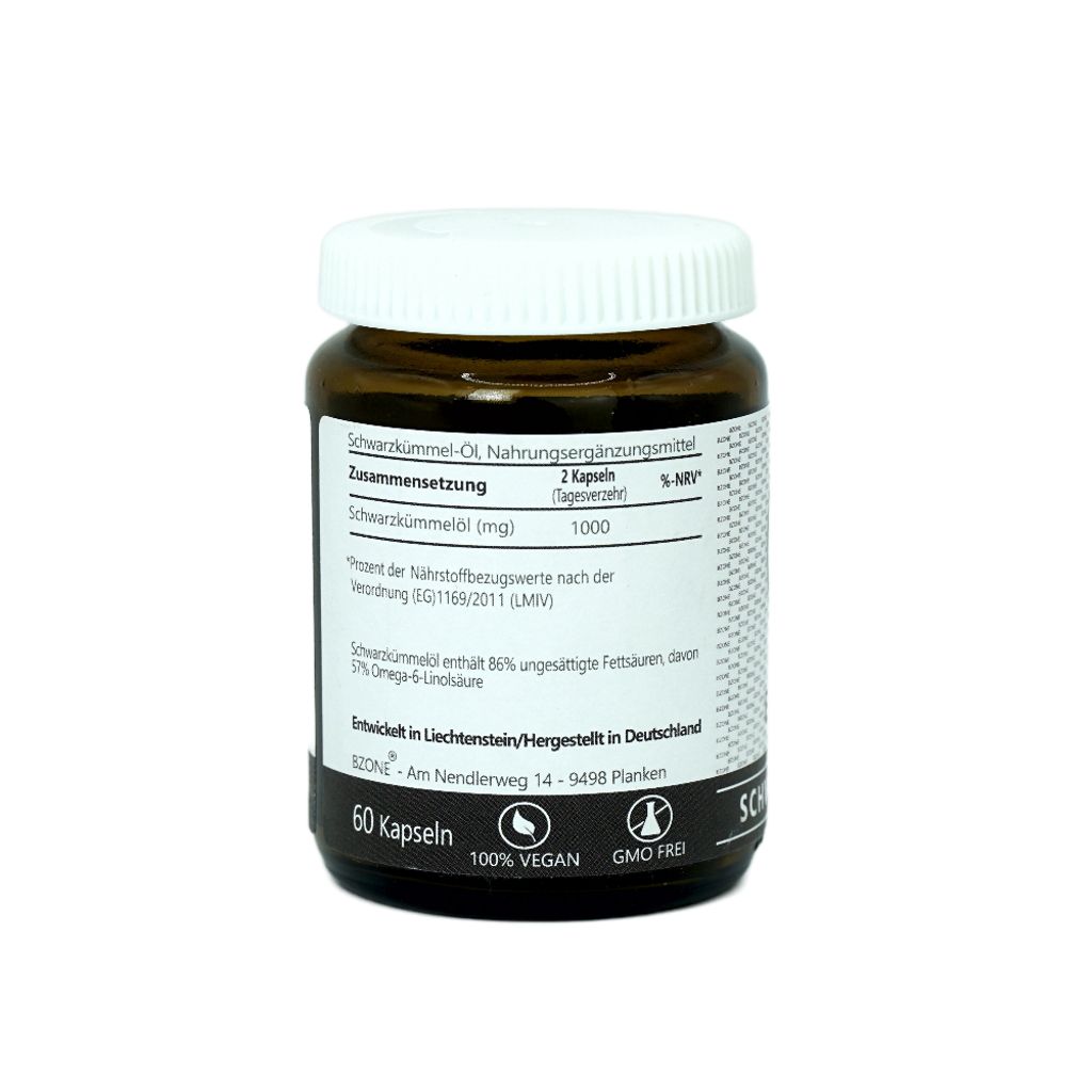 Braune Kapsel-Dose mit weißem Deckel. Etikett mit Nährwertangaben und Text. 60 Kapseln.