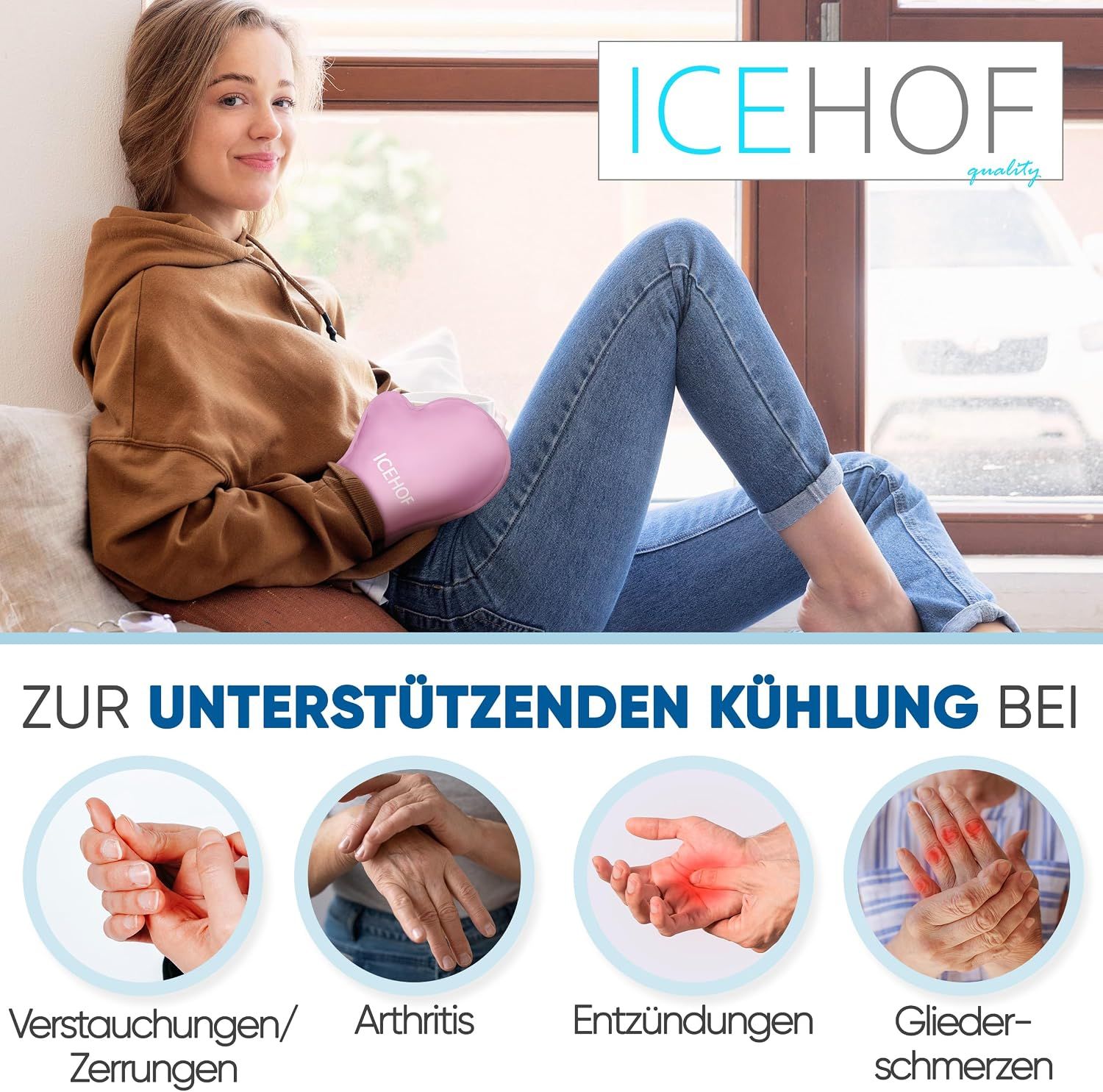 Frau mit rosa ICEHOF Kühlhandschuh auf dem Schoß, zur Linderung von Beschwerden.