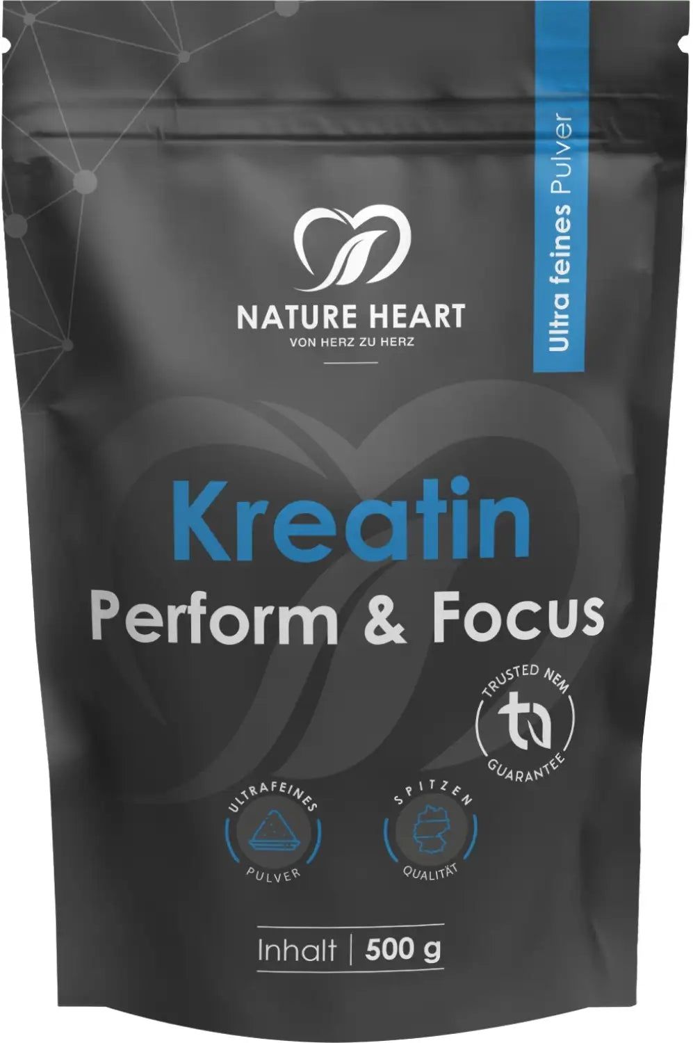 Schwarze Beutel mit Kreatin-Pulver. Aufschrift: Kreatin Perform & Focus, Nature Heart. Inhalt: 500 g. Mit Qualitätssiegeln.