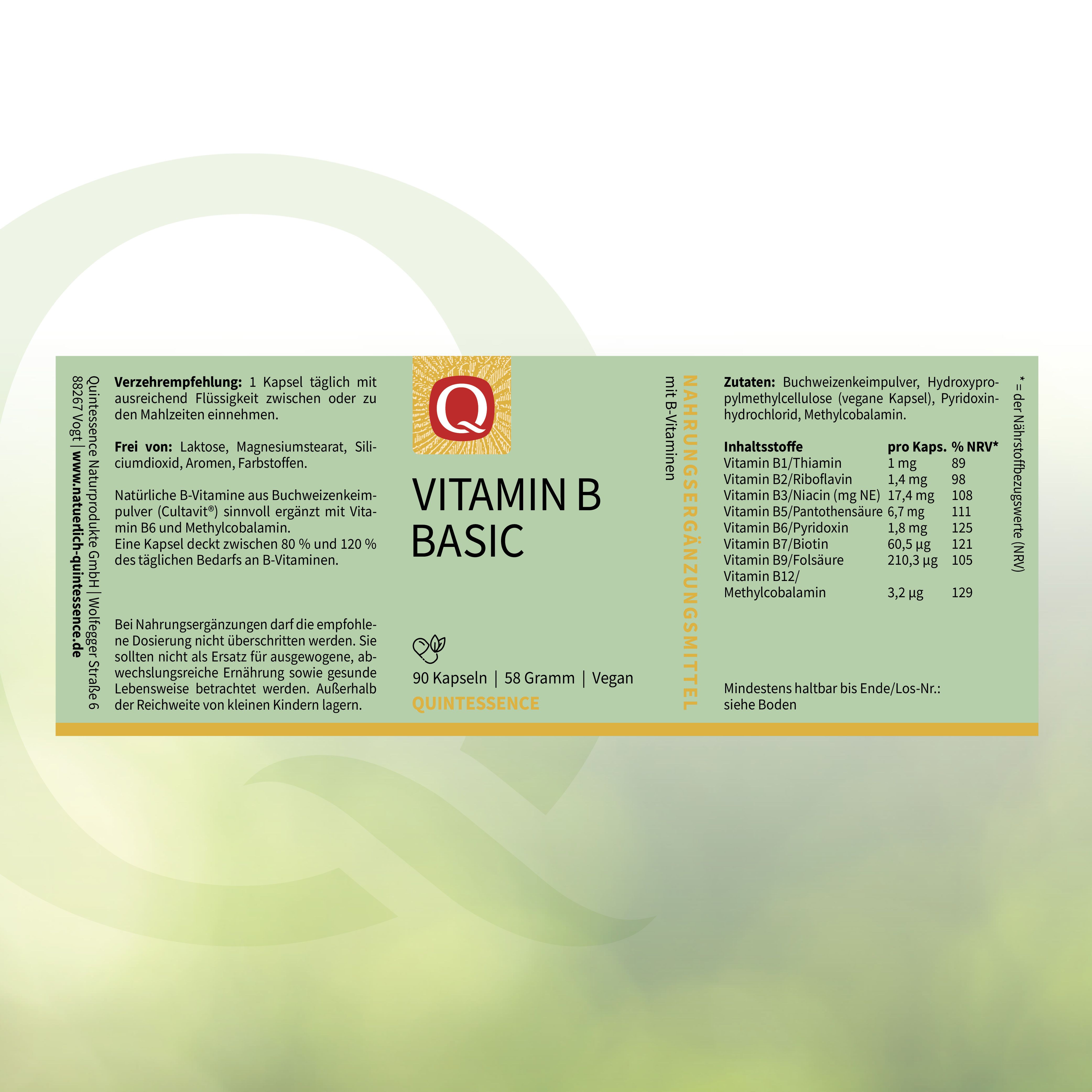 Etikett mit "Vitamin B Basic", Inhaltsstoffe und Dosierung. Marke Quintessence.