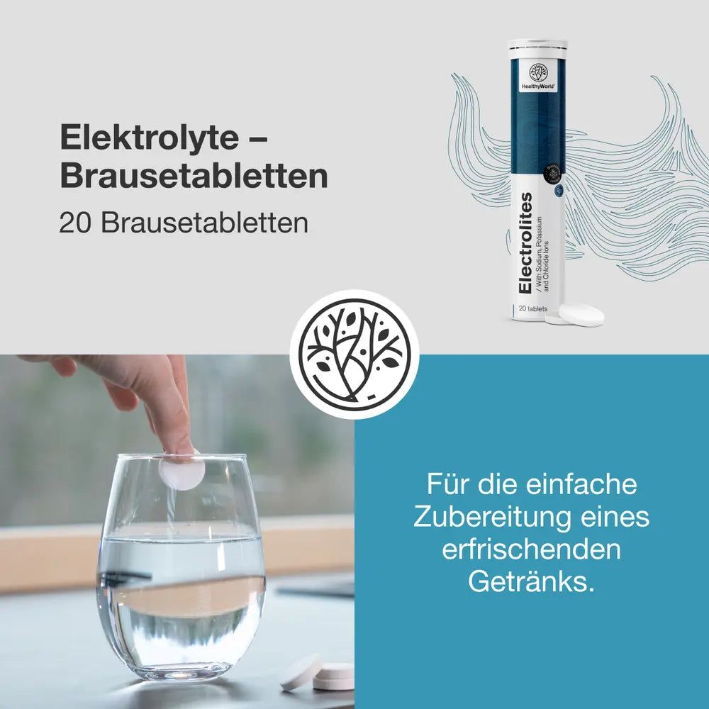 Verpackung mit 20 Elektrolyt-Brausetabletten und einer einzelnen Tablette, die in ein Glas Wasser gegeben wird.