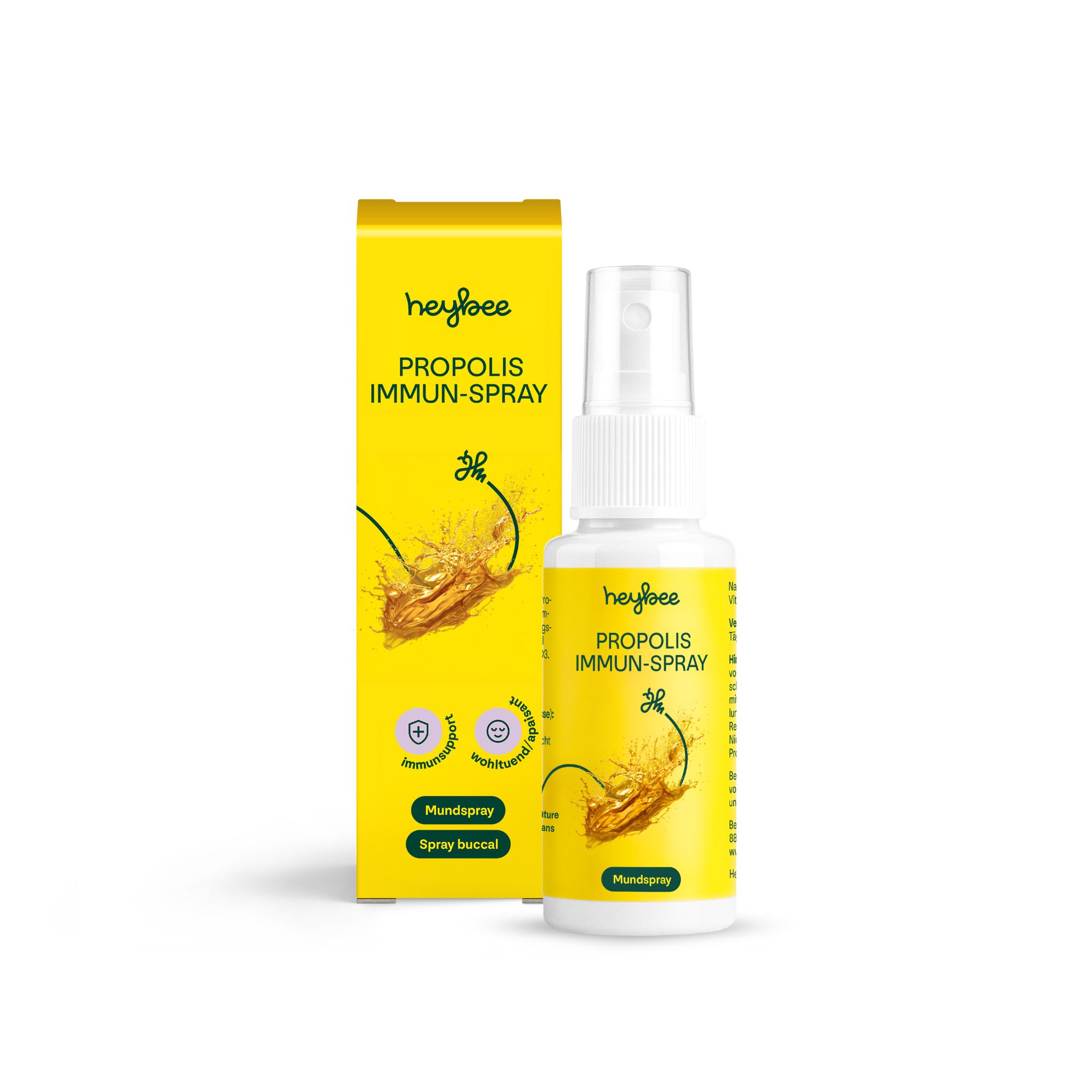 Gelbe Schachtel und Flasche Propolis Immun-Spray. Aufschrift: Mundspray, Spray buccal. Produkt und Verpackung im Vordergrund.