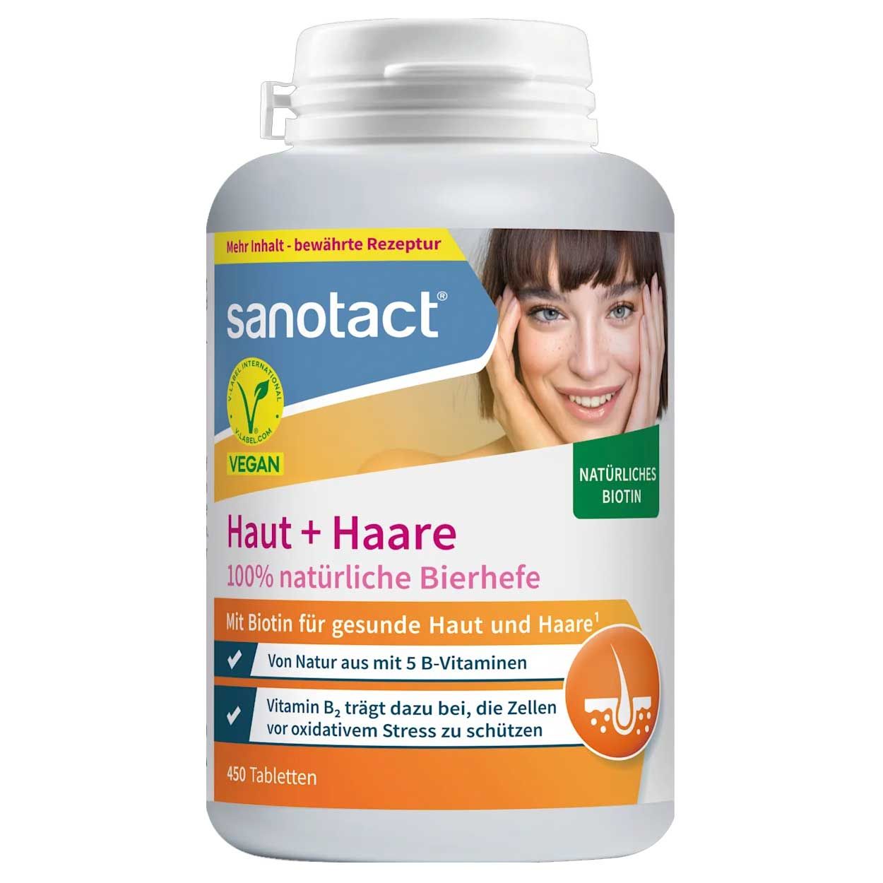 Weiße Tablettenflasche mit Schraubverschluss. Aufschrift: sanotact Haut + Haare, vegan, natürliches Biotin. Abbildung eines Gesichts.