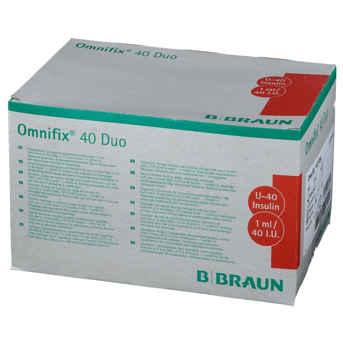 Omnifix 40 Duo-Verpackung. Weiß-grauer Karton mit roter Markierung. Text: U-40 Insulin, 1 ml/40 I.U. B. Braun-Logo.