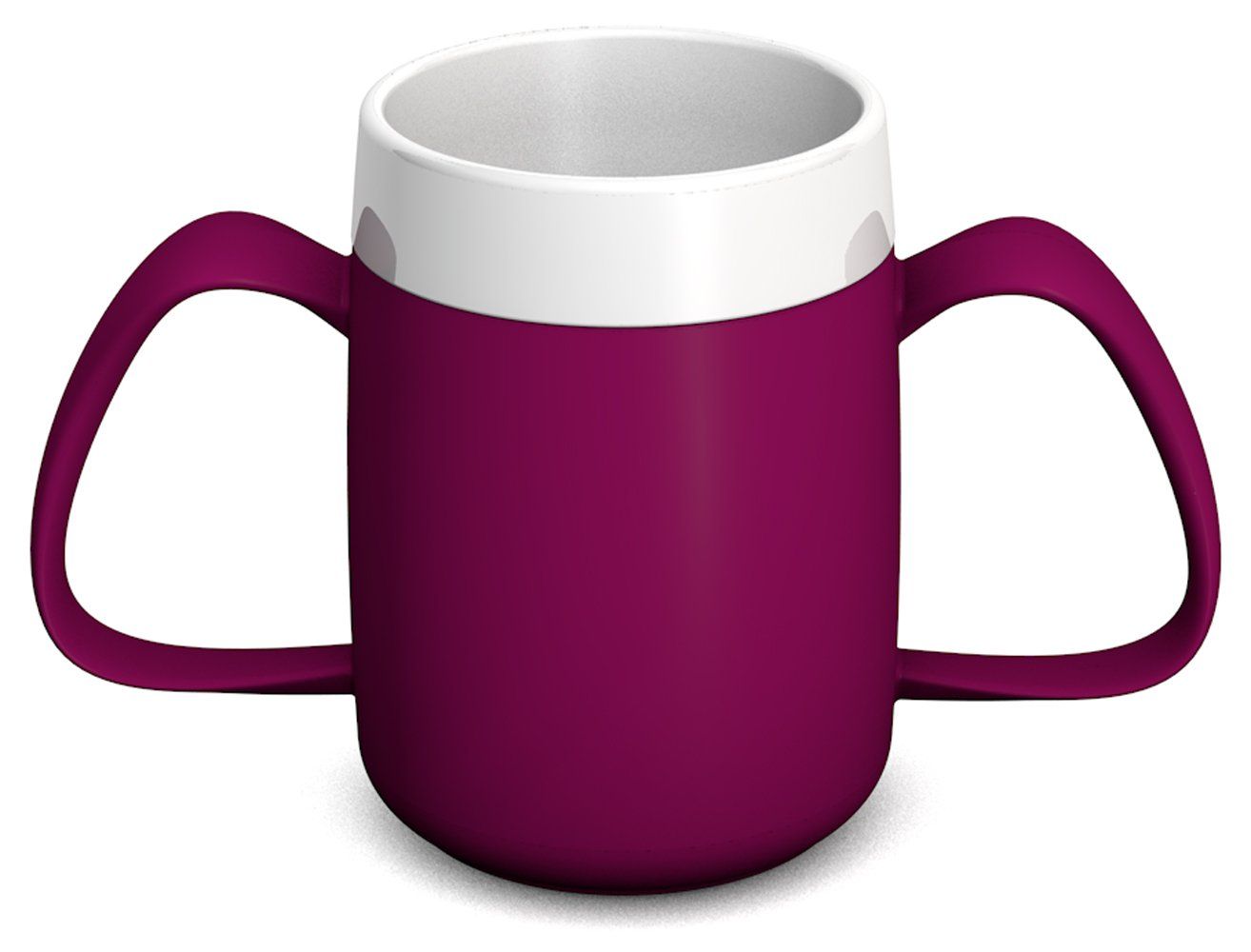 Becher mit zwei Henkeln, bordeauxfarben, weißer Rand. Kunststoff. Auf hellem Hintergrund.