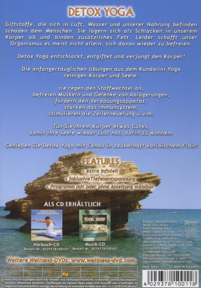 Rückseite der DVD "Detox Yoga". Text über Yoga-Übungen. Zusätzliche CDs. Wellness-DVDs. Logo und Barcode.