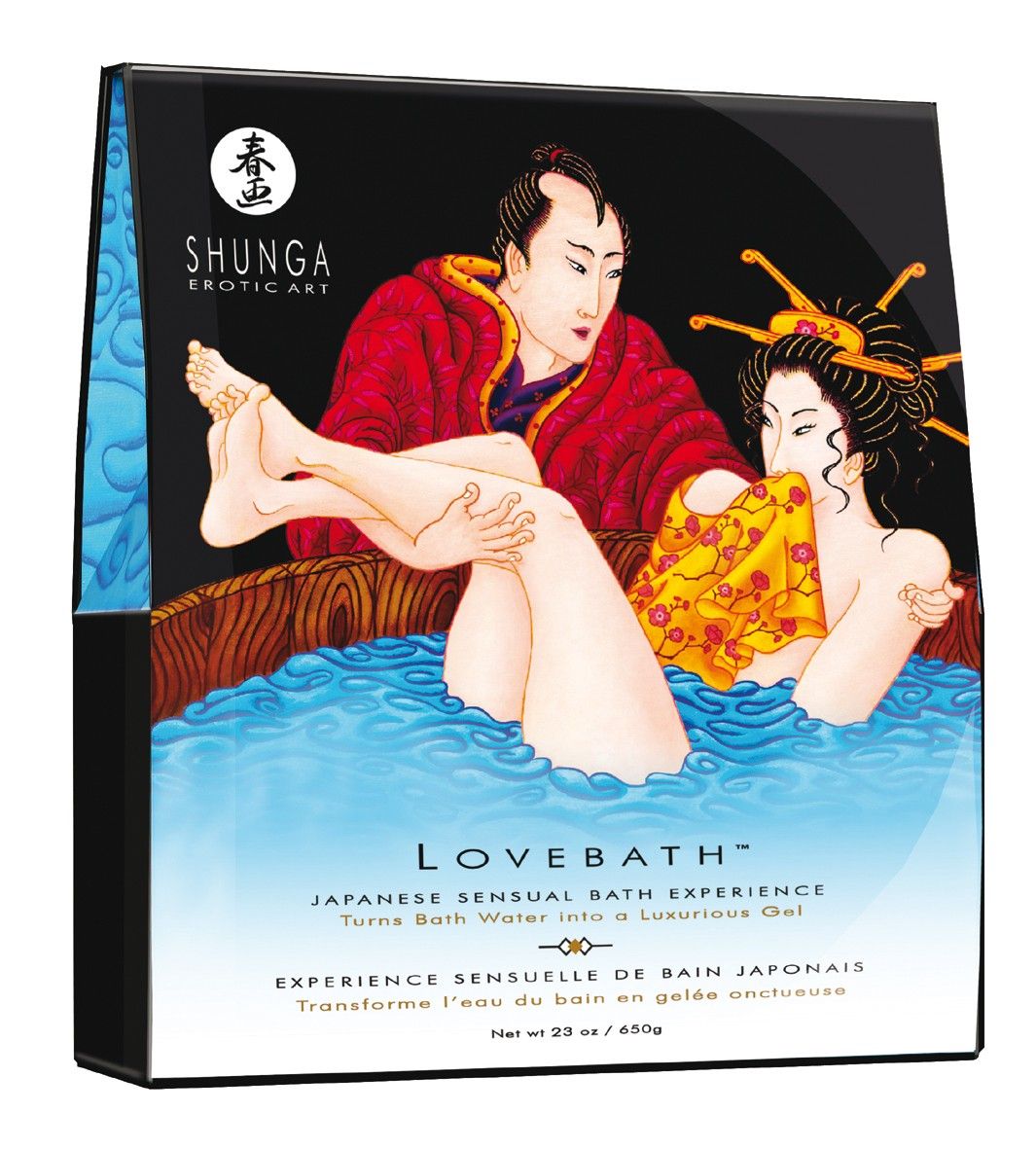Verpackung LOVEBATH mit Illustration eines Paares in Badewanne. Text: SHUNGA EROTIC ART, 650g.