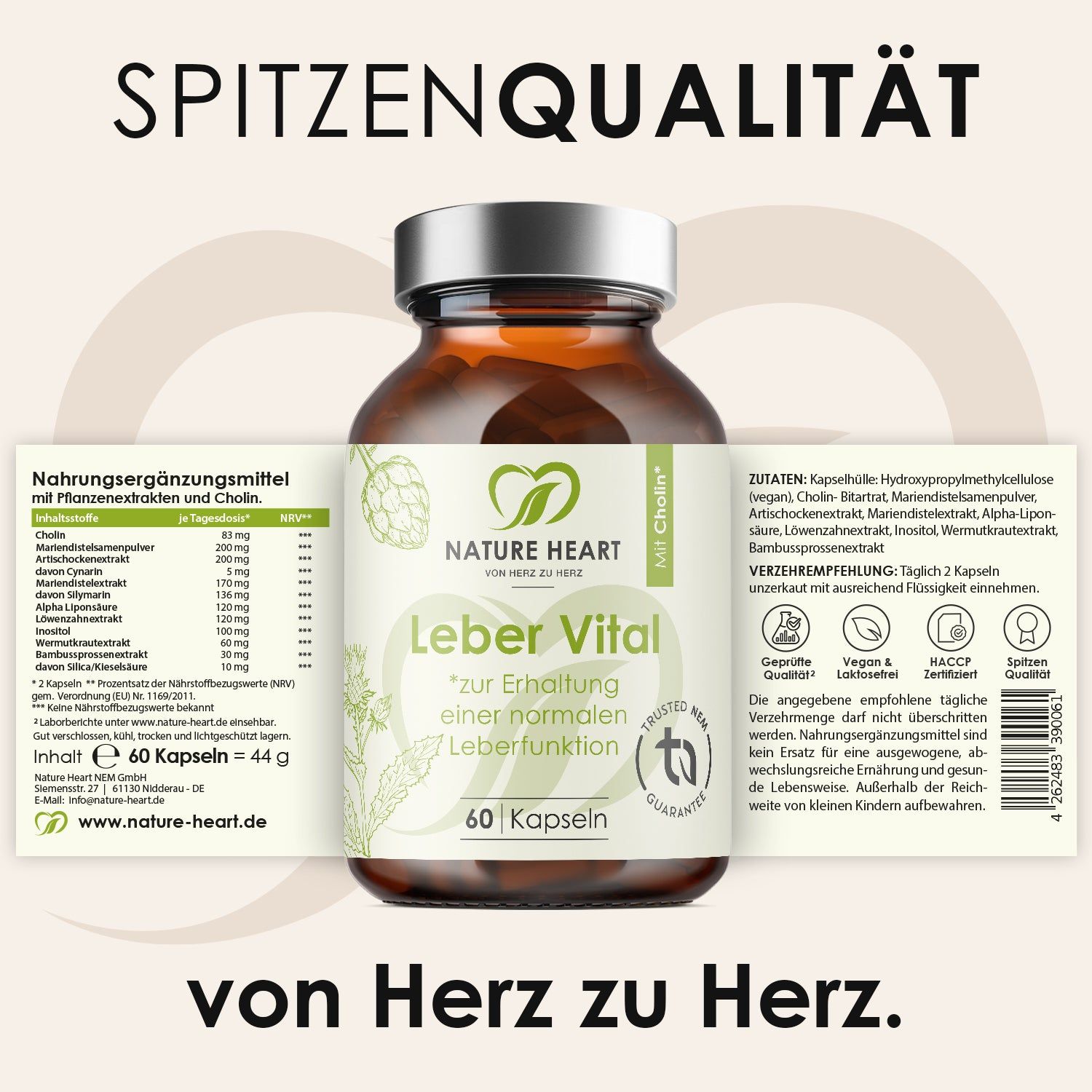 Nature Heart Leber Vital Kapseln, 60 Stück. Braune Glasflasche mit silbernem Deckel.