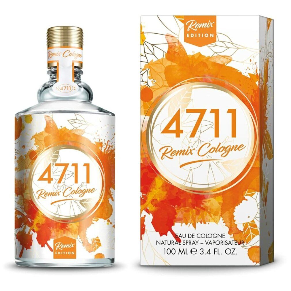 Produktflakon und Verpackung. Flakon mit goldfarbenem Verschluss. Verpackung mit orangefarbenen Farbklecksen und Produktnamen.
