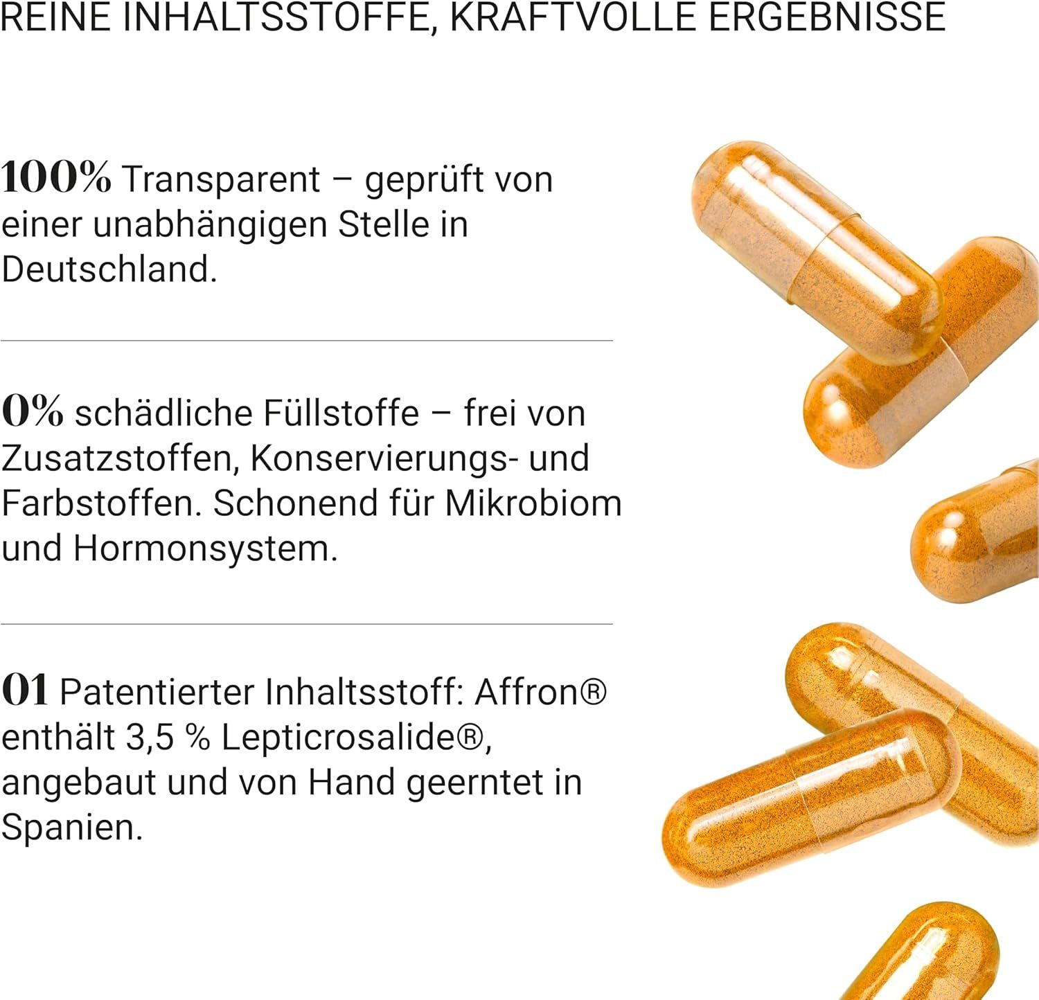 Drei Nullure Saffron Kapseln auf weißem Hintergrund. Reine Inhaltsstoffe, kraftvolle Ergebnisse.