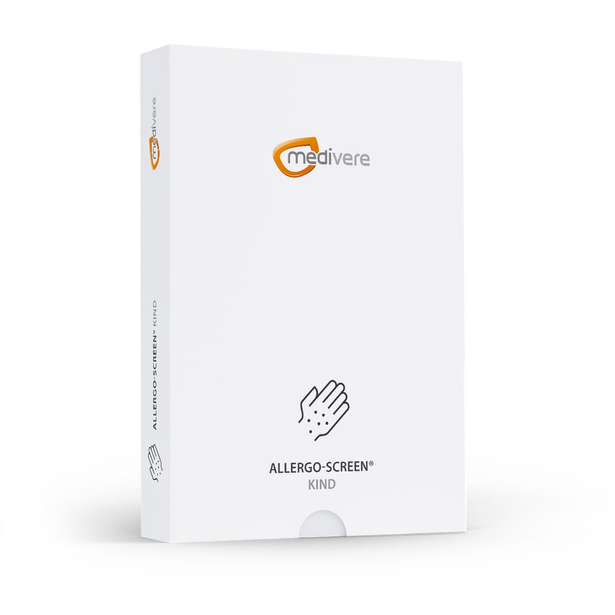 Weiße Produktverpackung mit Logo und Schriftzug. Enthält das Logo von medivere und den Schriftzug "Allergo-Screen® KIND".