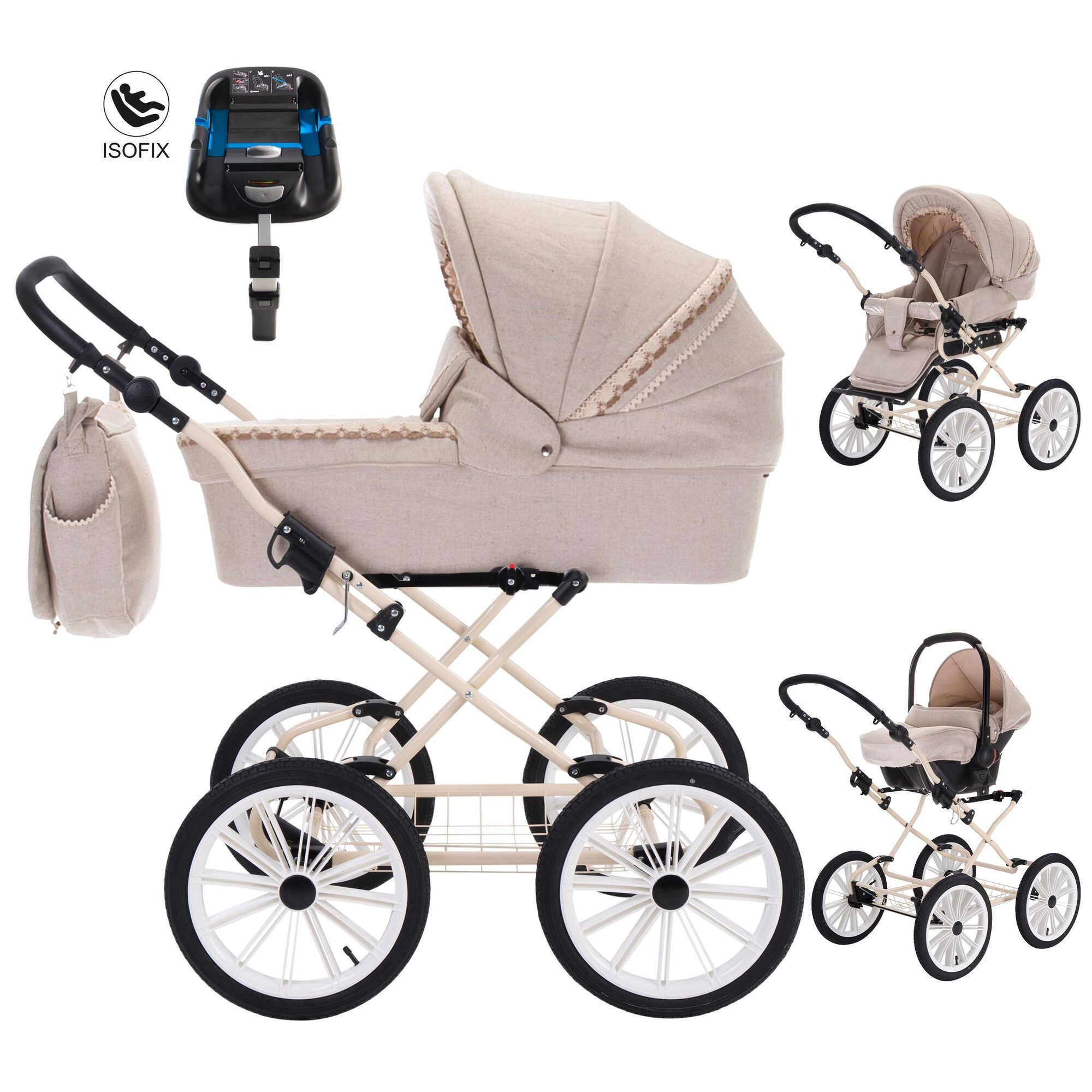 Friedrich Hugo Natureline Uni 4 in 1 Kinderwagen Isofix Set, Harry Creme