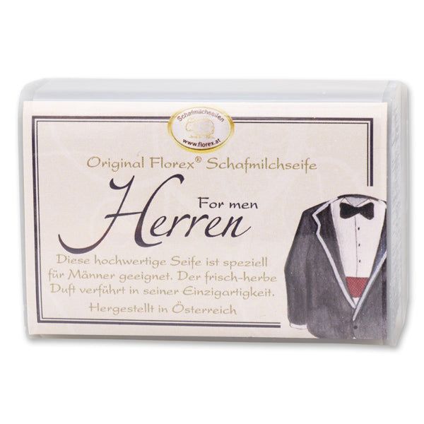 Verpackte Seife mit Etikett: Original Florex Schafmilchseife Herren. Abbildung eines Sakkos.