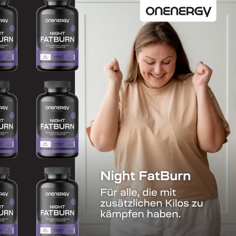 Frau freut sich. Im Hintergrund: ONENERGY Night FatBurn Flaschen. Text: Night FatBurn, Für alle, die mit zusätzlichen Kilos zu kämpfen haben.