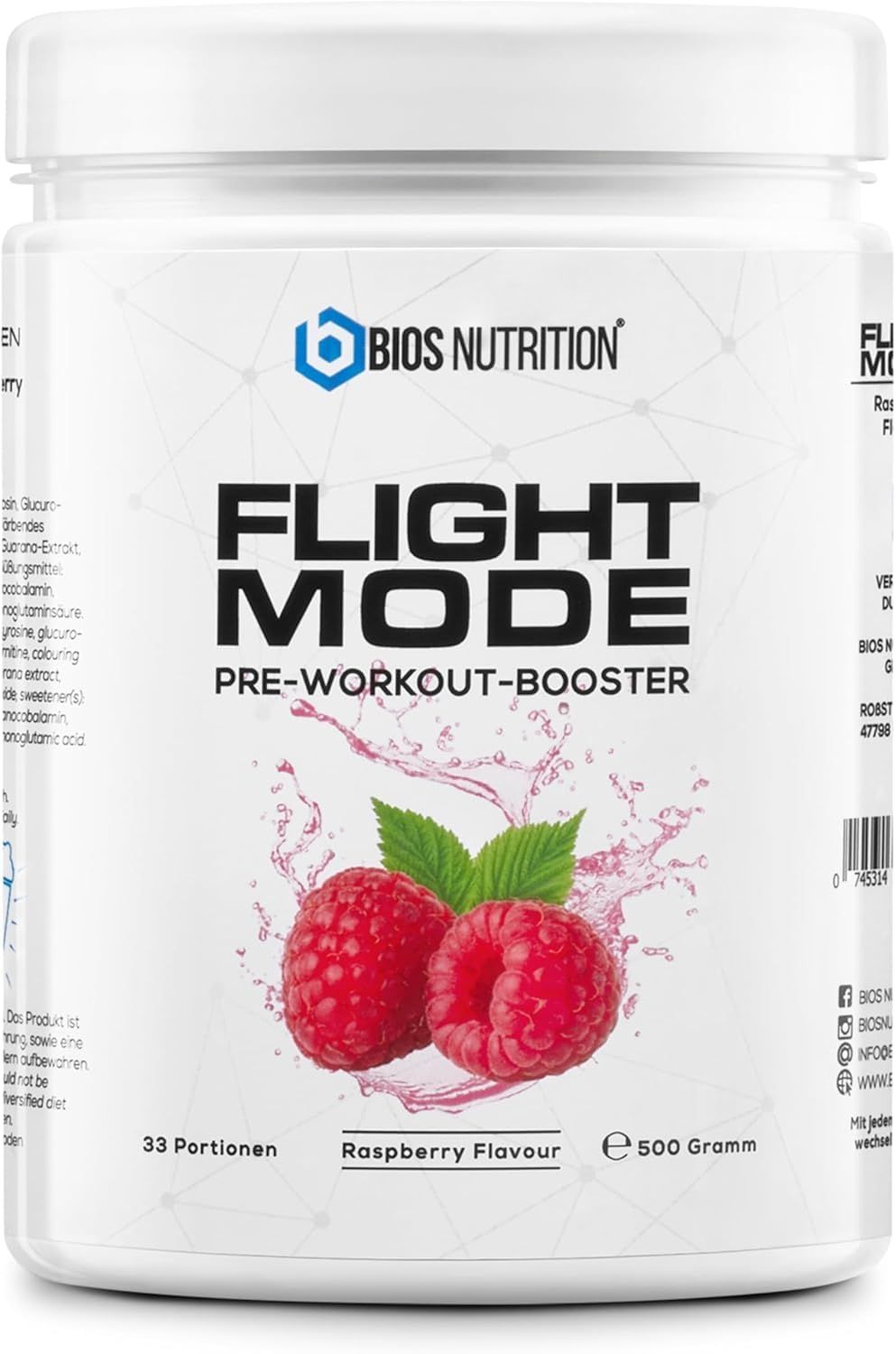 BIOS Nutrition FLIGHTMODE Pre-Workout-Booster 500gr (Raspberry) Vegan - 33 Portionen - kein Kribbeln