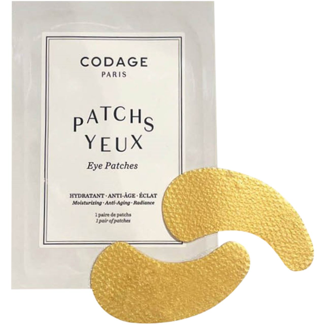 Verpackung mit Augen-Pads. Goldfarbene Pads neben der Verpackung. Text: Codage Paris, Patches Yeux, Eye Patches.
