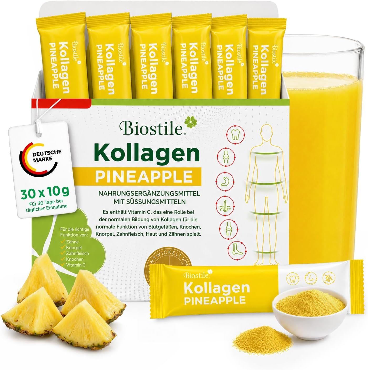Biostile Collagen Pineapple: Offene Kartonpackung mit 30 Beuteln, Glas, Ananas.