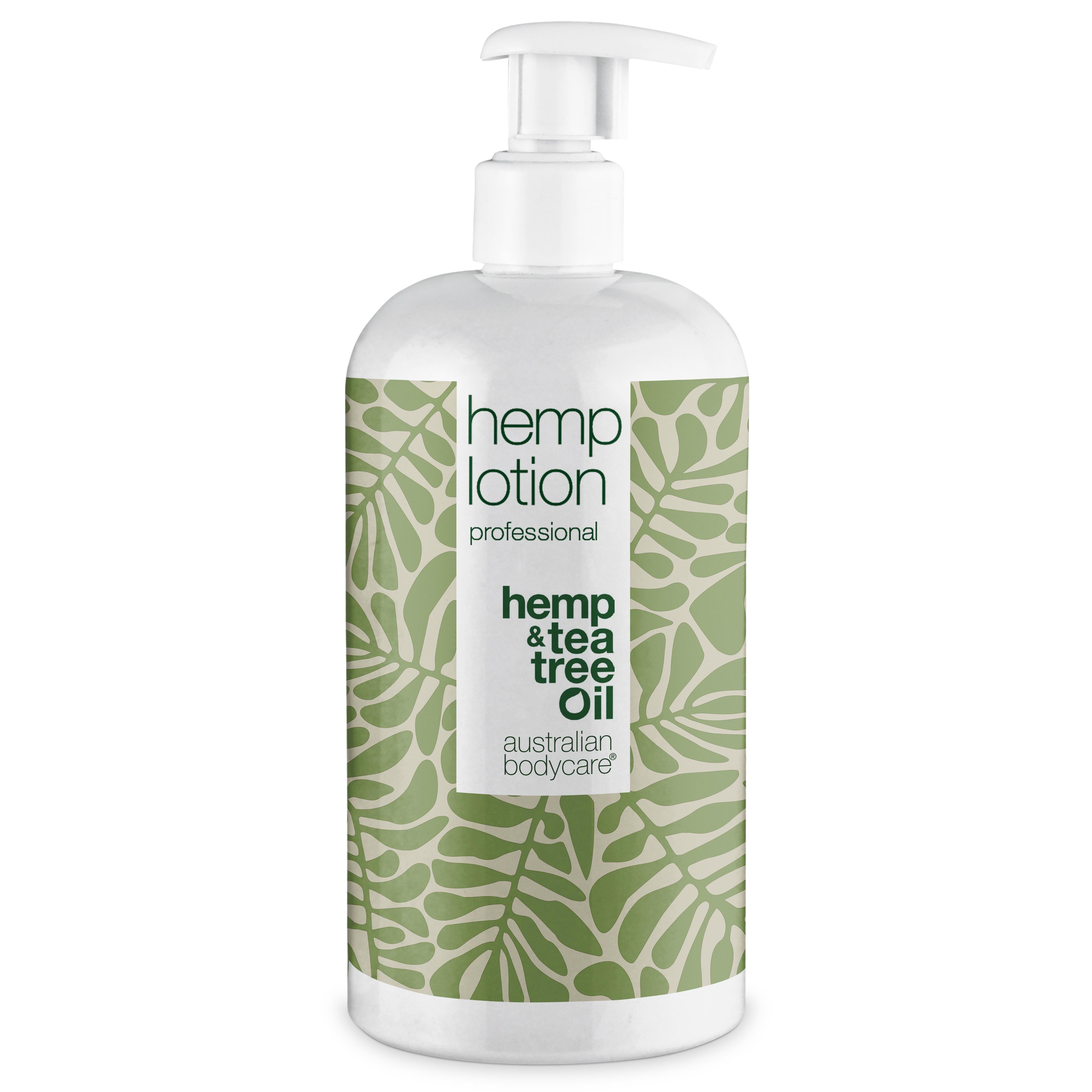 Weiße Flasche mit Pumpe. Aufschrift: hemp lotion professional, hemp & tea tree Oil, australian bodycare.