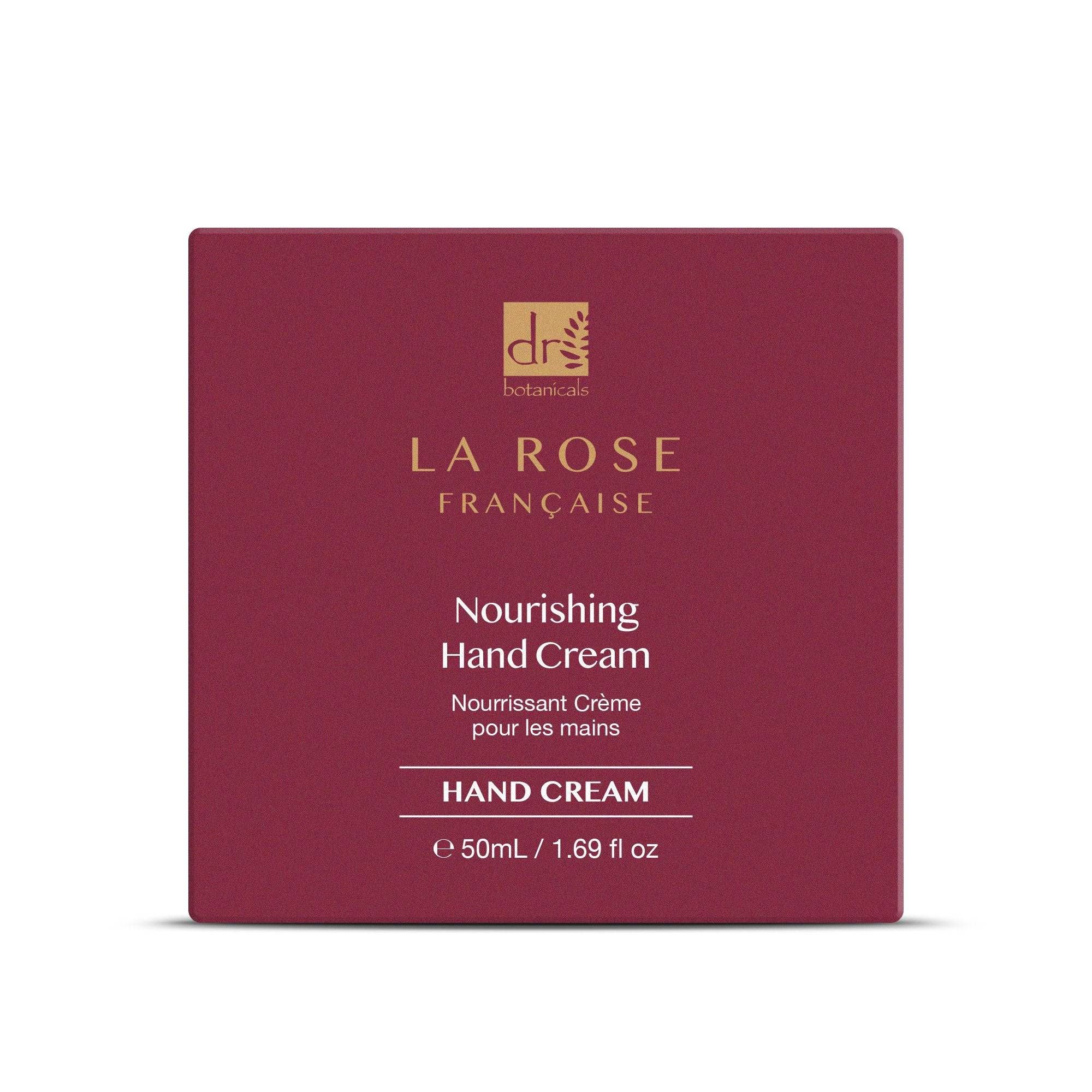Verpackung der Handcreme. Aufschrift: La Rose Francaise, Nourishing Hand Cream. Rechteckige, weinrote Schachtel mit weißer Schrift.