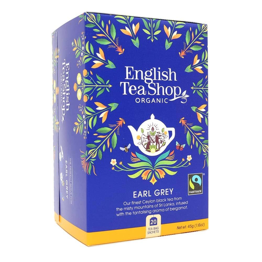 Blaue Schachtel mit Aufdruck: English Tea Shop, Earl Grey, Organic. Fairtrade-Siegel. 20 Teebeutel. Eckige Form.